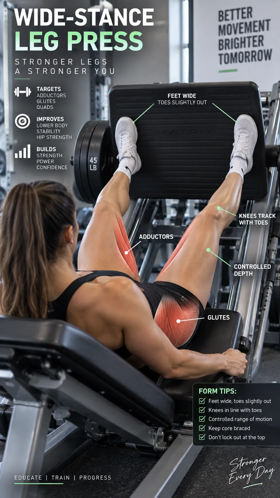 Leg Press Foot Placement: The Small Shift That Changes Which Muscles Actually Grow 3 High-quality educational fitness photograph of an athlete performing a wide-stance leg press on a 45-degree machine, feet positioned wide with toes slightly outward, knees aligned with toes, controlled depth, subtle highlighted overlay on adductor inner thigh muscles and glutes, bright modern gym, anatomically accurate form