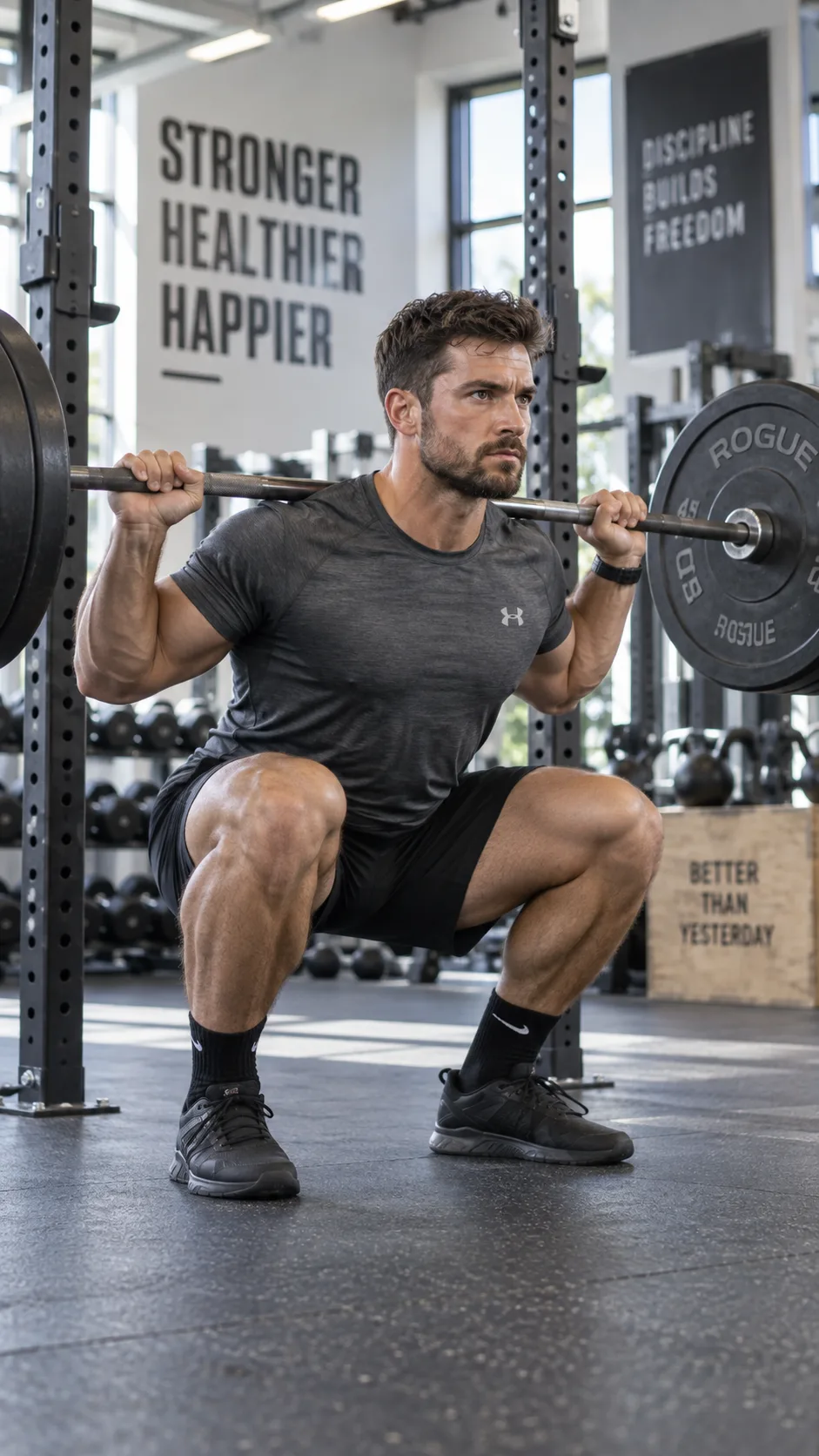 The Gym Workout Guide That Builds Real Muscle Without Wasting Hours 1 A focused, athletic man performing a barbell squat in a well-lit modern gym, determination on his face, wearing gym clothes, photorealistic style