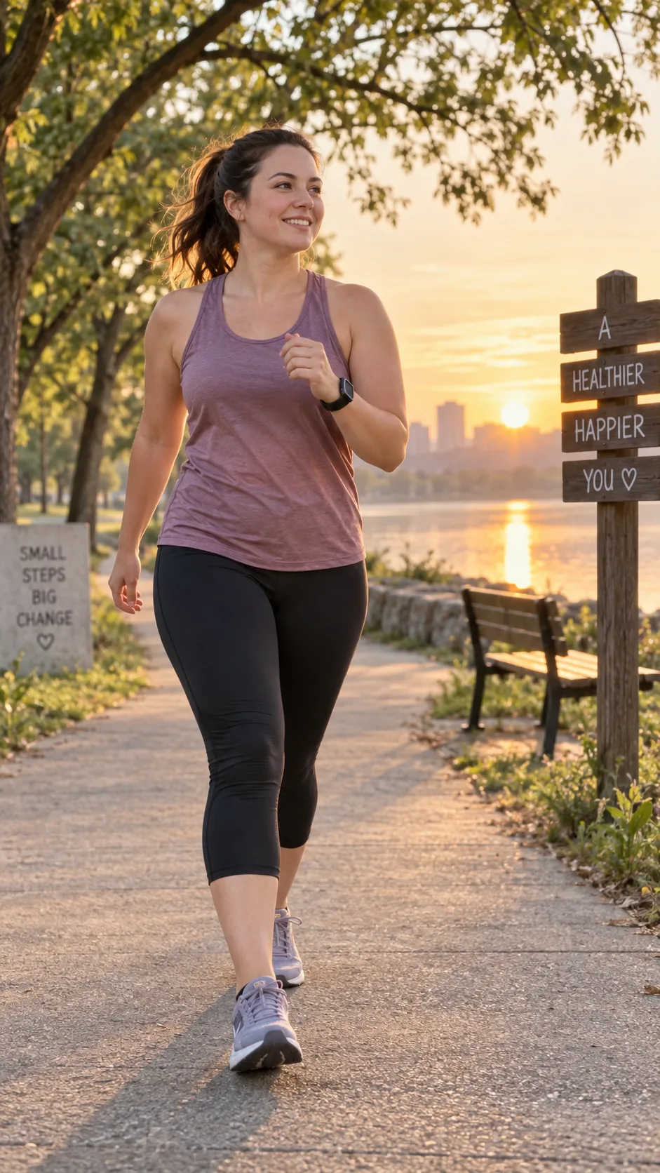 Running for Beginners: The Walk-to-Run Plan That Makes Your First 5K Feel Easy 1 Realistic outdoor fitness photography of a beginner runner in comfortable running clothes alternating between walking and jogging on a quiet tree-lined park path at sunrise, relaxed posture, visible running watch, supportive trainers, natural candid style