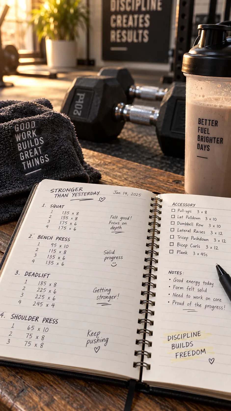 The Gym Workout Guide That Builds Real Muscle Without Wasting Hours 2 Close-up of a gym training journal with handwritten workout logs, a protein shake nearby, dumbbells in the background, warm lighting, photorealistic