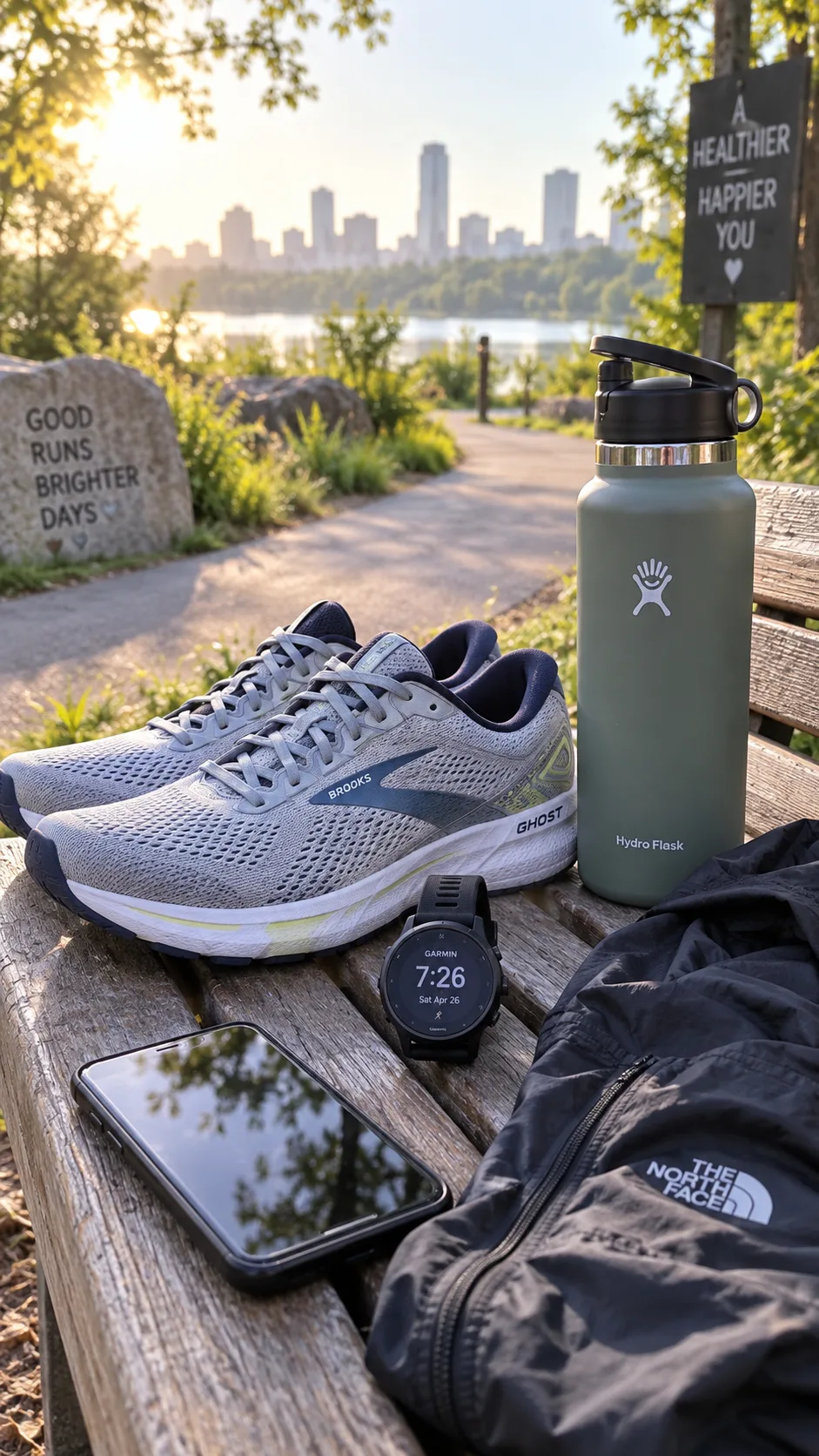 Running for Beginners: The Walk-to-Run Plan That Makes Your First 5K Feel Easy 2 Close-up realistic sports photography of beginner running essentials laid neatly on a bench beside a park trail: cushioned running shoes, water bottle, simple running watch, lightweight jacket, and phone, bright natural morning light