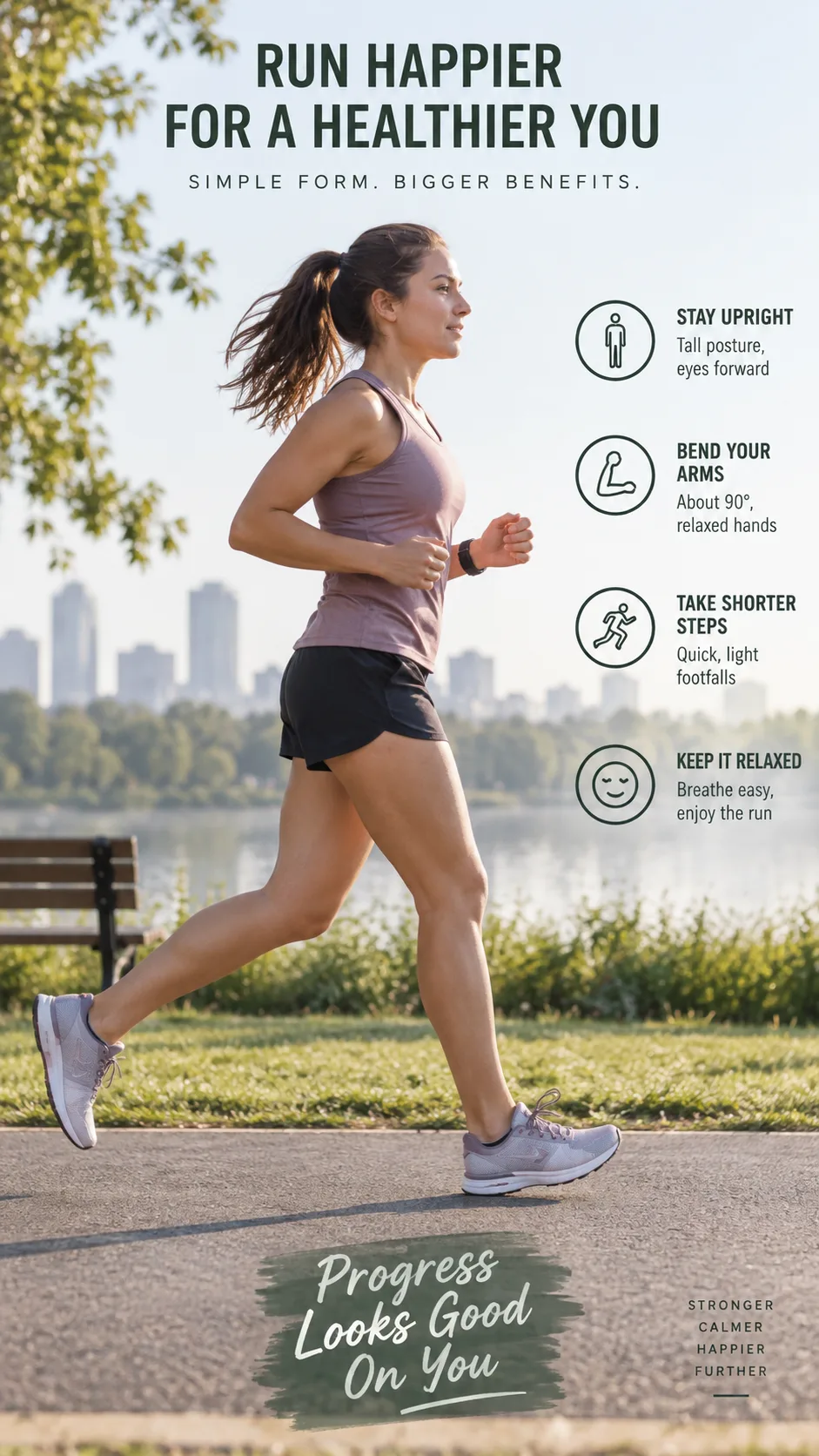 Running for Beginners: The Walk-to-Run Plan That Makes Your First 5K Feel Easy 3 Side-view realistic photography of a beginner runner demonstrating relaxed proper running form on a paved park path, upright posture, bent elbows, short stride, calm focused expression, soft morning light, educational fitness editorial style