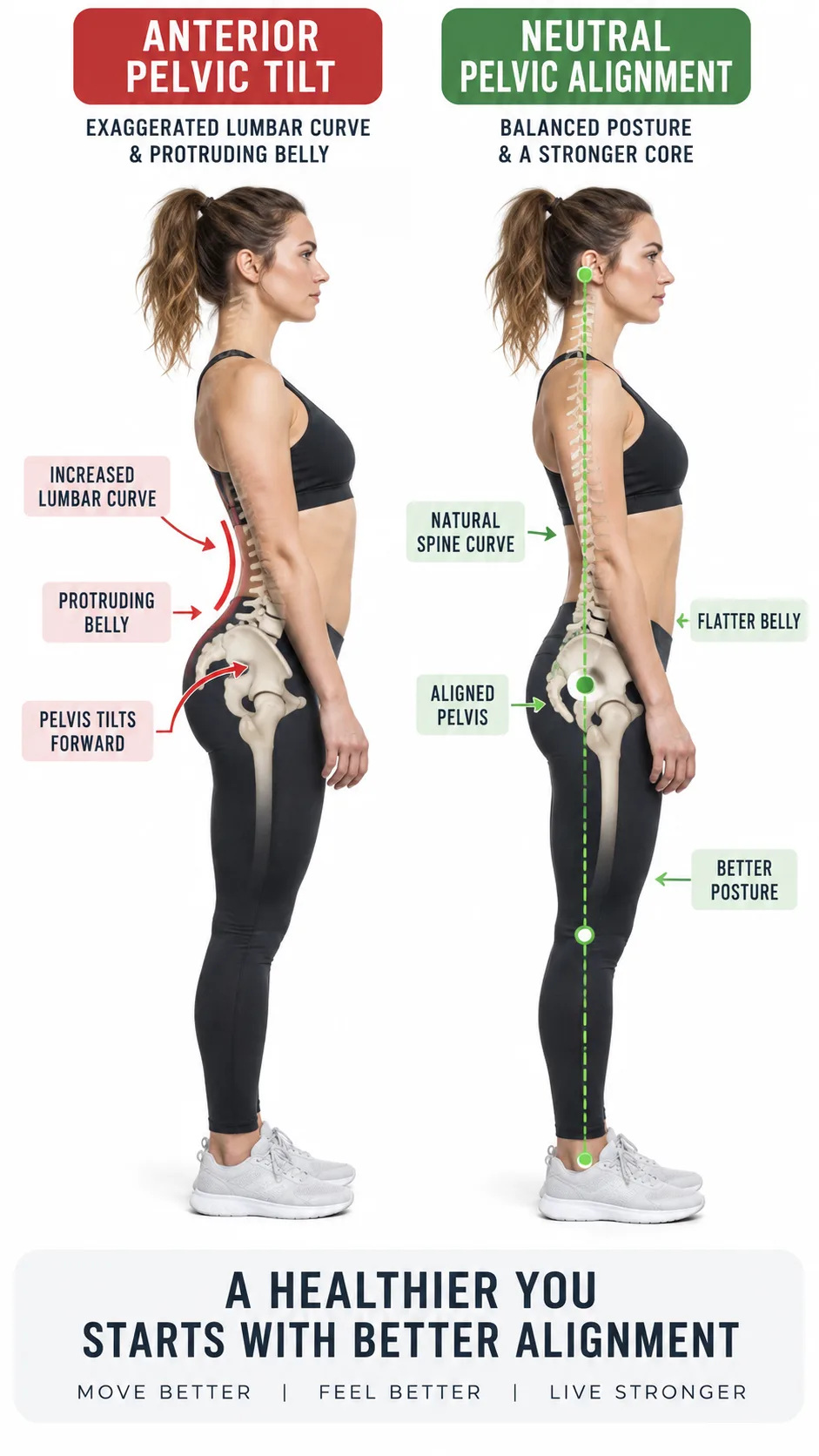 Anterior Pelvic Tilt Correction: 8 Exercises That Fixed My Lower Back Pain in Weeks 1 Side-by-side anatomical illustration showing a person with anterior pelvic tilt (exaggerated lumbar curve, protruding belly) versus neutral pelvic alignment, clear and educational, clean white background, fitness/health style photography