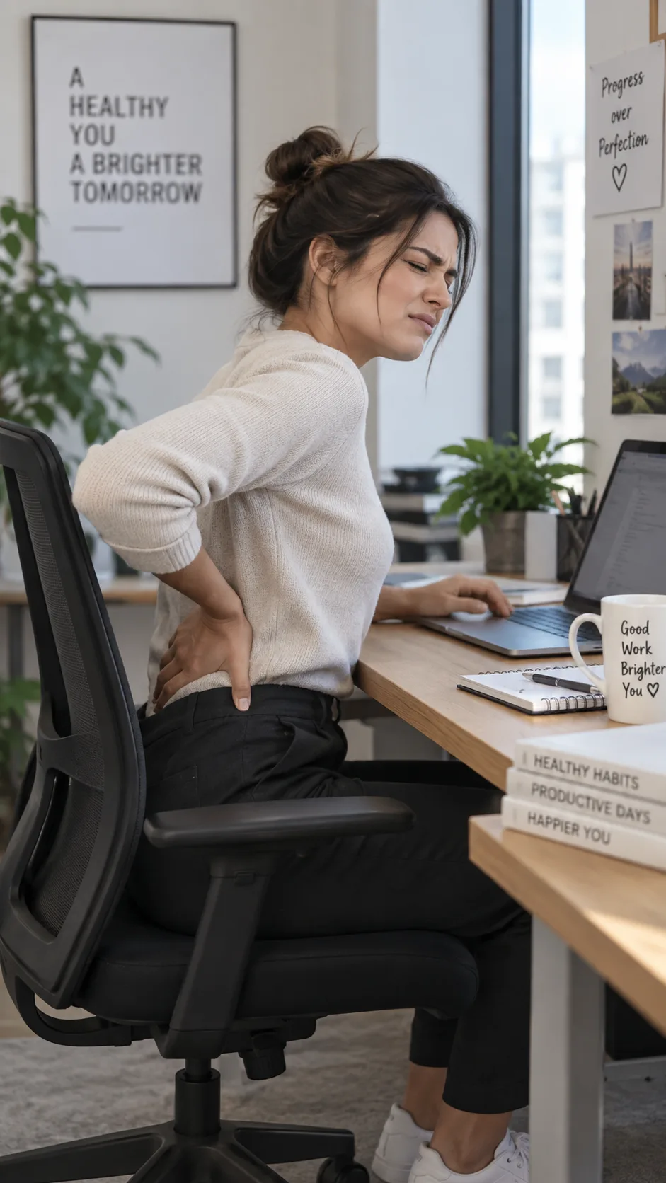 Anterior Pelvic Tilt Correction: 8 Exercises That Fixed My Lower Back Pain in Weeks 2 Person sitting at a desk for long hours with visible lower back strain and poor posture, office environment, realistic candid photography style, natural lighting