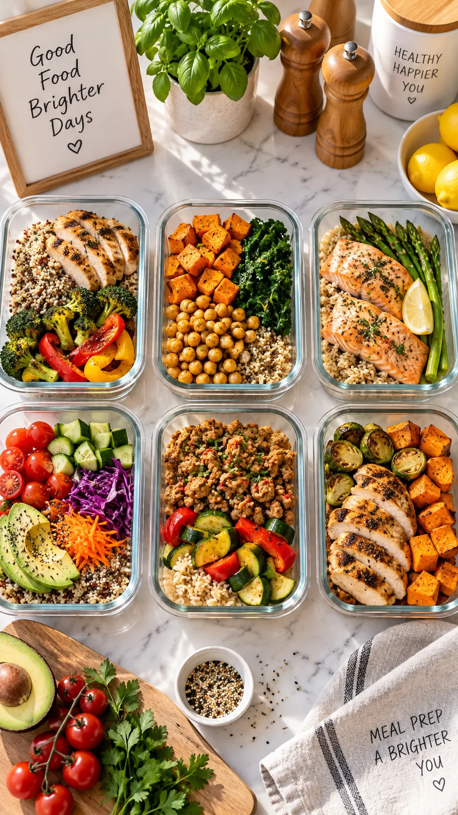 A bright, organized kitchen counter with neatly arranged glass meal prep containers filled with colorful cooked vegetables, grains, and proteins, alongside fresh ingredients, shot in warm natural light from a top-down angle