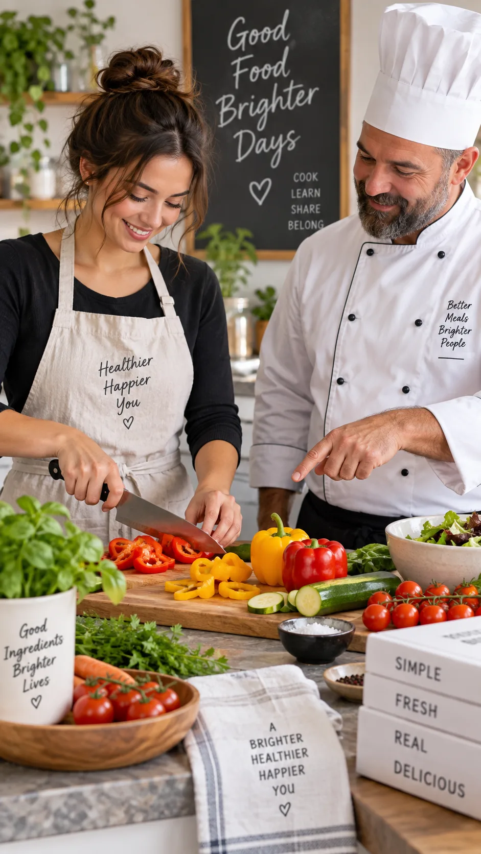 A person standing at a kitchen counter chopping colorful vegetables with a chef