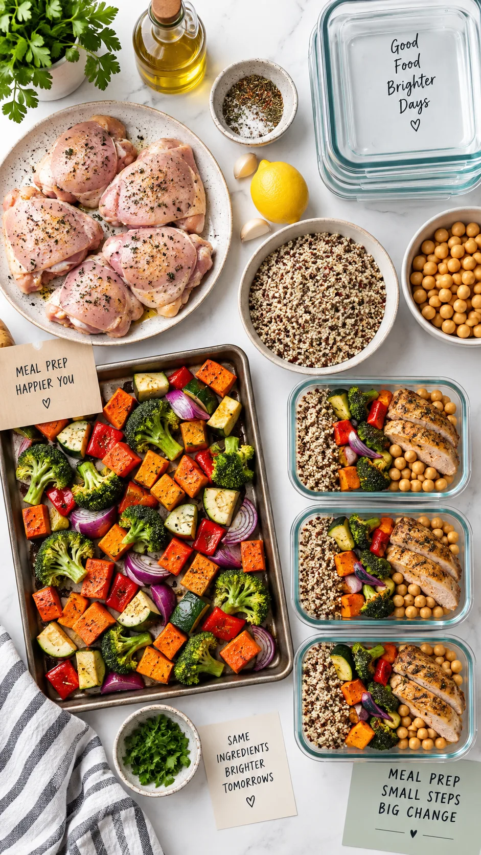 A flat-lay of beginner-friendly meal prep ingredients including chicken thighs, quinoa, colorful roasted vegetables, chickpeas, and glass storage containers arranged neatly on a white kitchen surface