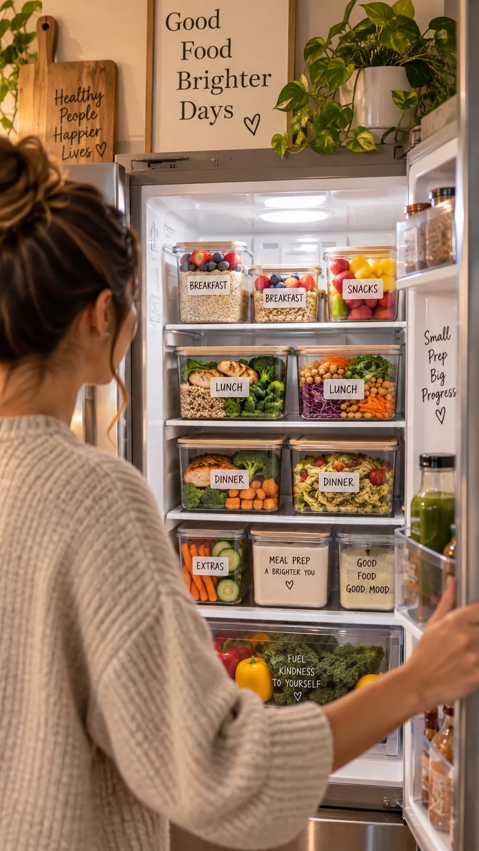 A person opening a refrigerator stocked with neatly organized labeled meal prep containers in multiple sizes, filled with vibrant healthy food, warm home lighting, lifestyle photography aesthetic