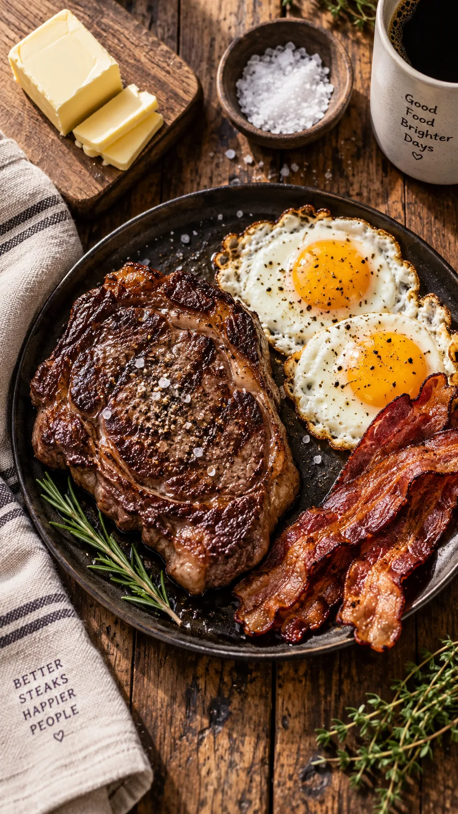 The Carnivore Diet Beginner's Playbook: What to Eat, What to Skip, and Why It Actually Works 1 Overhead flat lay of a rustic wooden table with a seared ribeye steak, two fried eggs, crispy bacon strips, butter block, and a small bowl of coarse sea salt, warm natural window light, shallow depth of field, food photography