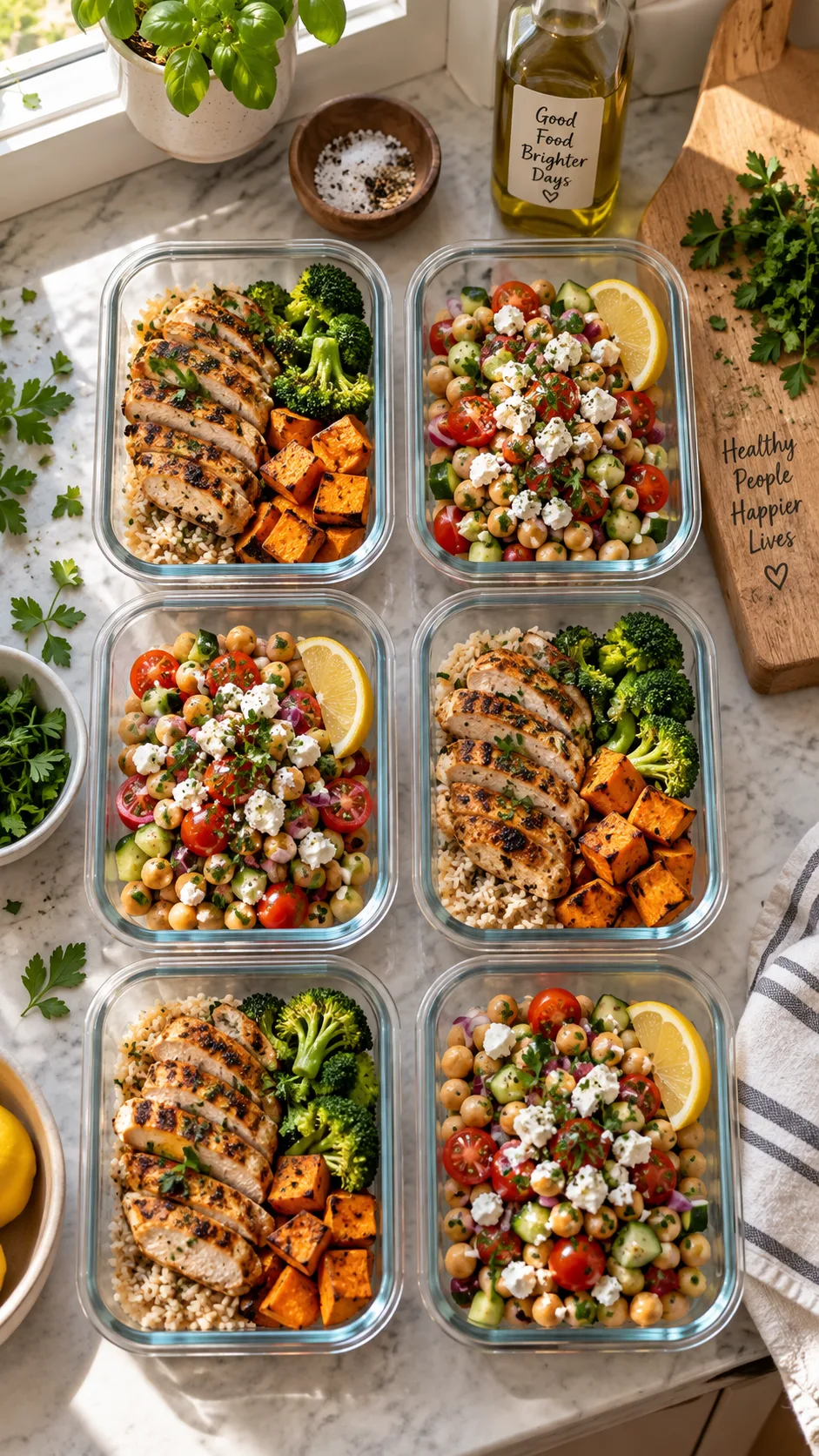 Meal Prep for the Week Made Simple: The Beginner's Blueprint That Actually Works 1 Overhead shot of a kitchen counter with six glass meal prep containers filled with colorful balanced meals: grilled chicken, roasted sweet potatoes, broccoli, rice, chickpea salad, natural window light, wooden cutting board, fresh herbs scattered, warm realistic home kitchen photography