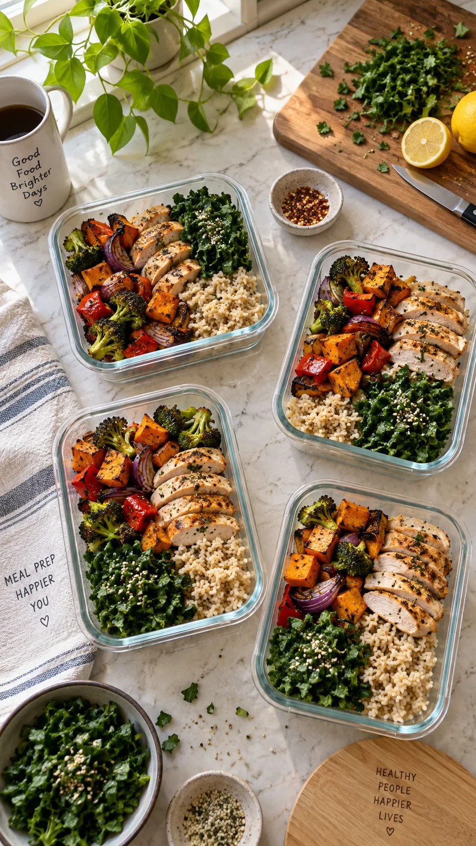 Overhead photo of a relaxed home kitchen counter with simple glass meal prep containers filled with roasted vegetables, grilled chicken, brown rice and chopped greens, natural window light, casual and unfussy styling