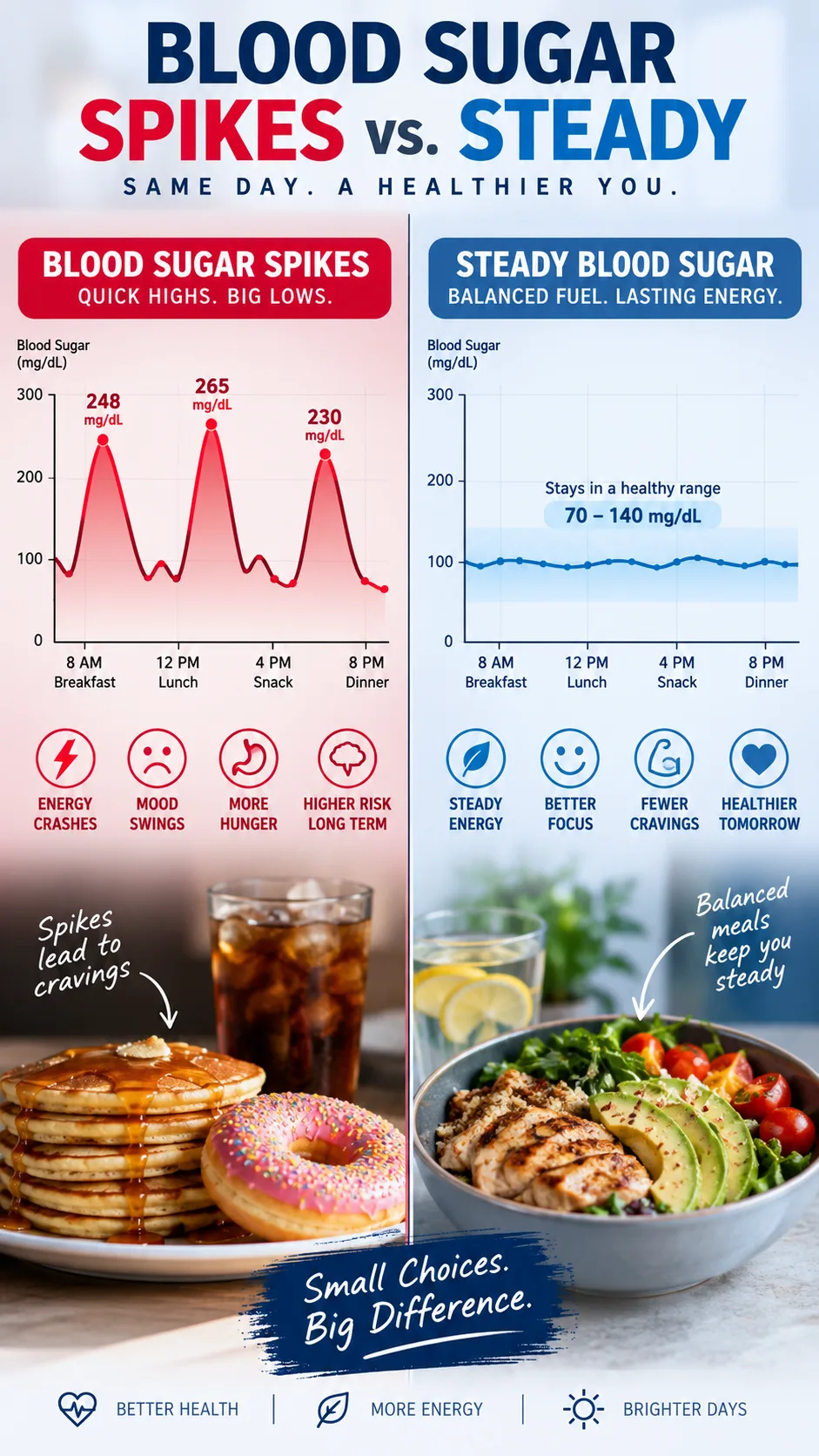 The Carnivore Diet Beginner's Playbook: What to Eat, What to Skip, and Why It Actually Works 2 Split-screen style infographic photograph showing a blood sugar graph with sharp spikes versus a flat steady line, modern clean design, blue and red tones, medical illustration aesthetic