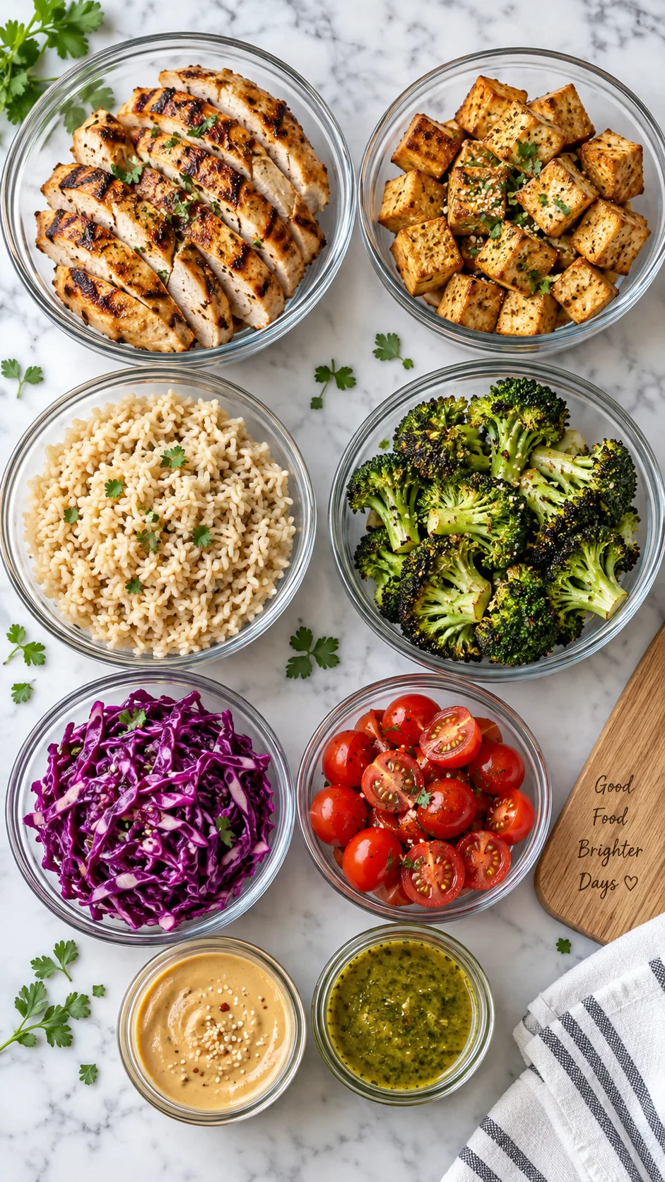 Meal Prep for the Week Made Simple: The Beginner's Blueprint That Actually Works 2 Flat lay of meal prep components in separate glass bowls: sliced grilled chicken, baked tofu cubes, cooked brown rice, roasted broccoli, shredded red cabbage, cherry tomatoes, and two small jars of homemade sauce, bright natural light, clean marble surface, food photography