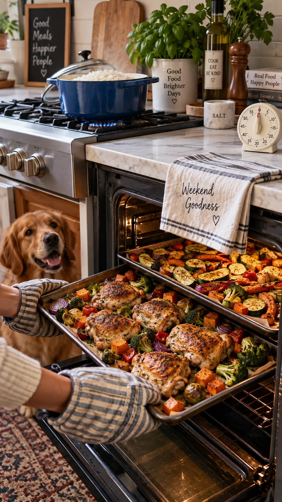 Sheet pans of colorful roasted vegetables and chicken thighs coming out of a home oven while a pot of rice cooks on the stove, realistic weekend kitchen scene with a kitchen timer visible