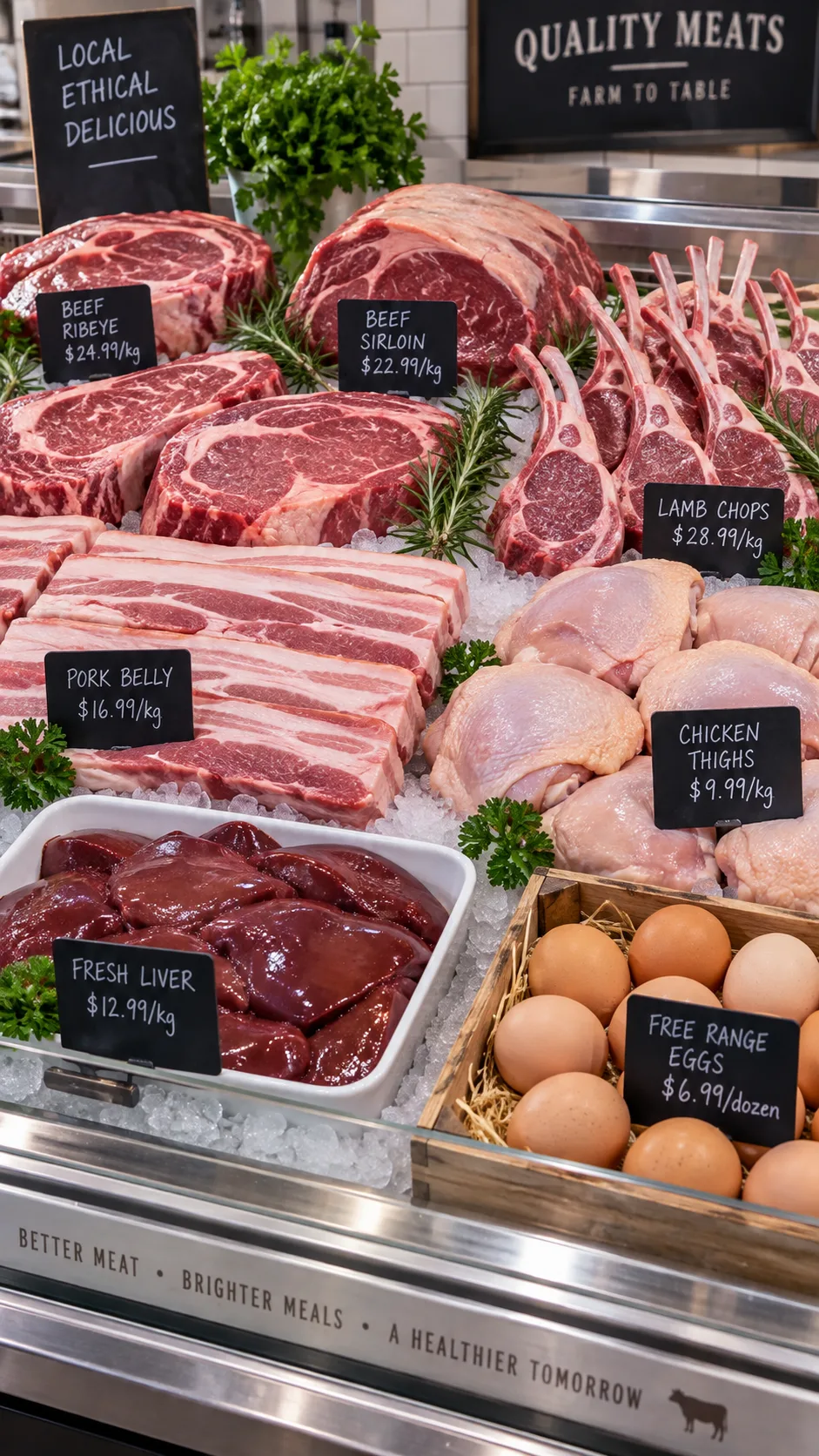 The Carnivore Diet Beginner's Playbook: What to Eat, What to Skip, and Why It Actually Works 3 Butcher counter display with assorted raw cuts of beef, lamb chops, pork belly, chicken thighs, fresh liver, and whole eggs arranged neatly on ice, bright commercial lighting, high detail