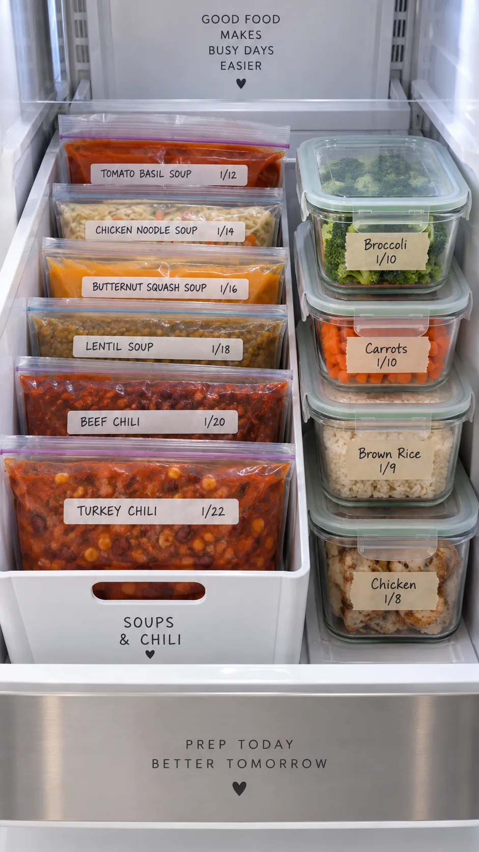 Meal Prep for the Week Made Simple: The Beginner's Blueprint That Actually Works 3 Organized freezer drawer with flat labeled zip bags of soup and chili stacked vertically like files, plus stacked glass containers with masking tape date labels, clean bright refrigerator interior photography