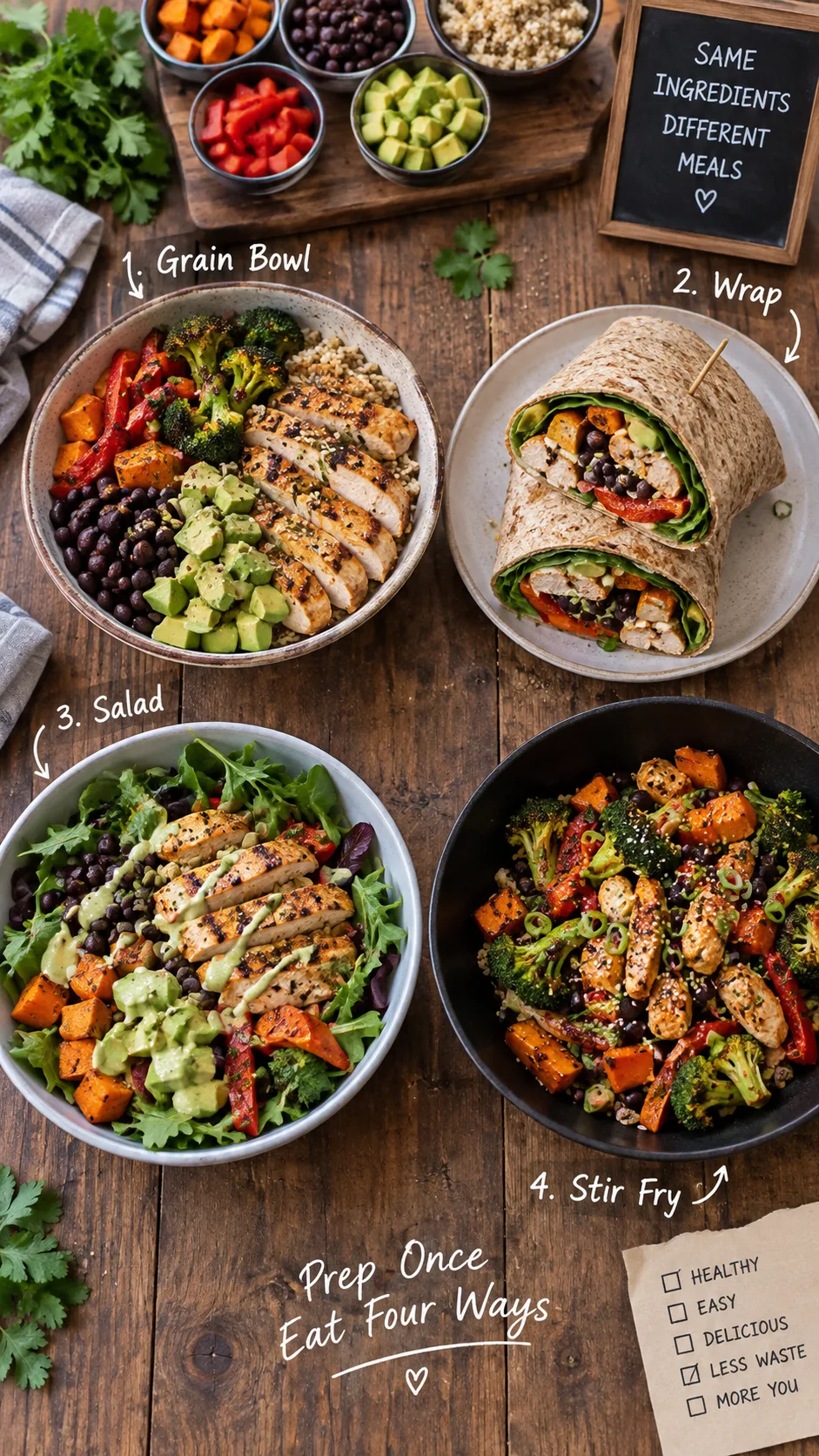 Four different meals assembled from the same prepped ingredients side by side: a grain bowl, a wrap, a salad and a stir fry, shot from above on a wooden table with soft daylight