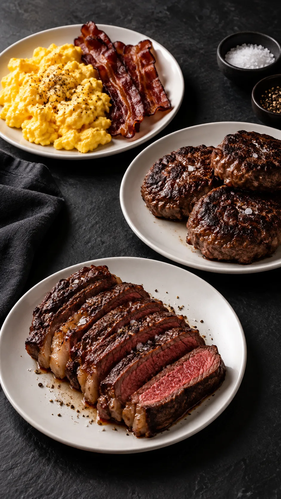 The Carnivore Diet Beginner's Playbook: What to Eat, What to Skip, and Why It Actually Works 4 Three simple white plates on a dark slate surface showing a carnivore day of eating: scrambled eggs with bacon, beef patties, and a sliced medium-rare steak, moody restaurant lighting, professional food styling