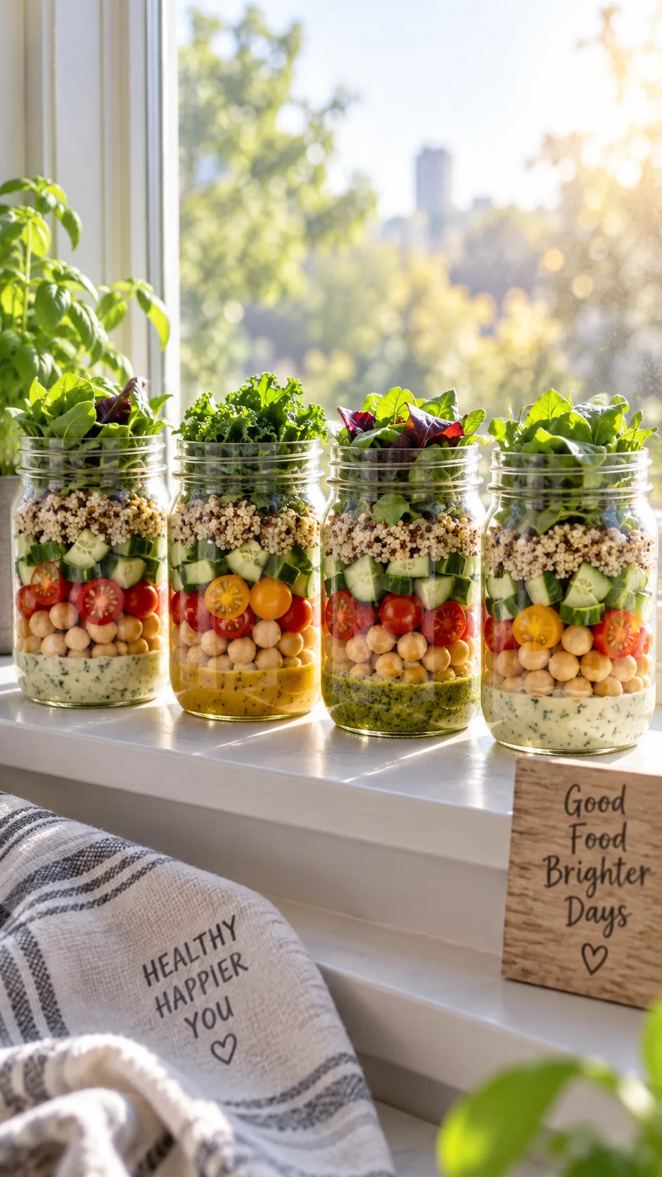 Meal Prep for the Week Made Simple: The Beginner's Blueprint That Actually Works 4 Four mason jar salads lined up on a windowsill showing distinct colorful layers: dressing at bottom, chickpeas, cherry tomatoes, cucumber, quinoa, and leafy greens on top, backlit by soft morning light