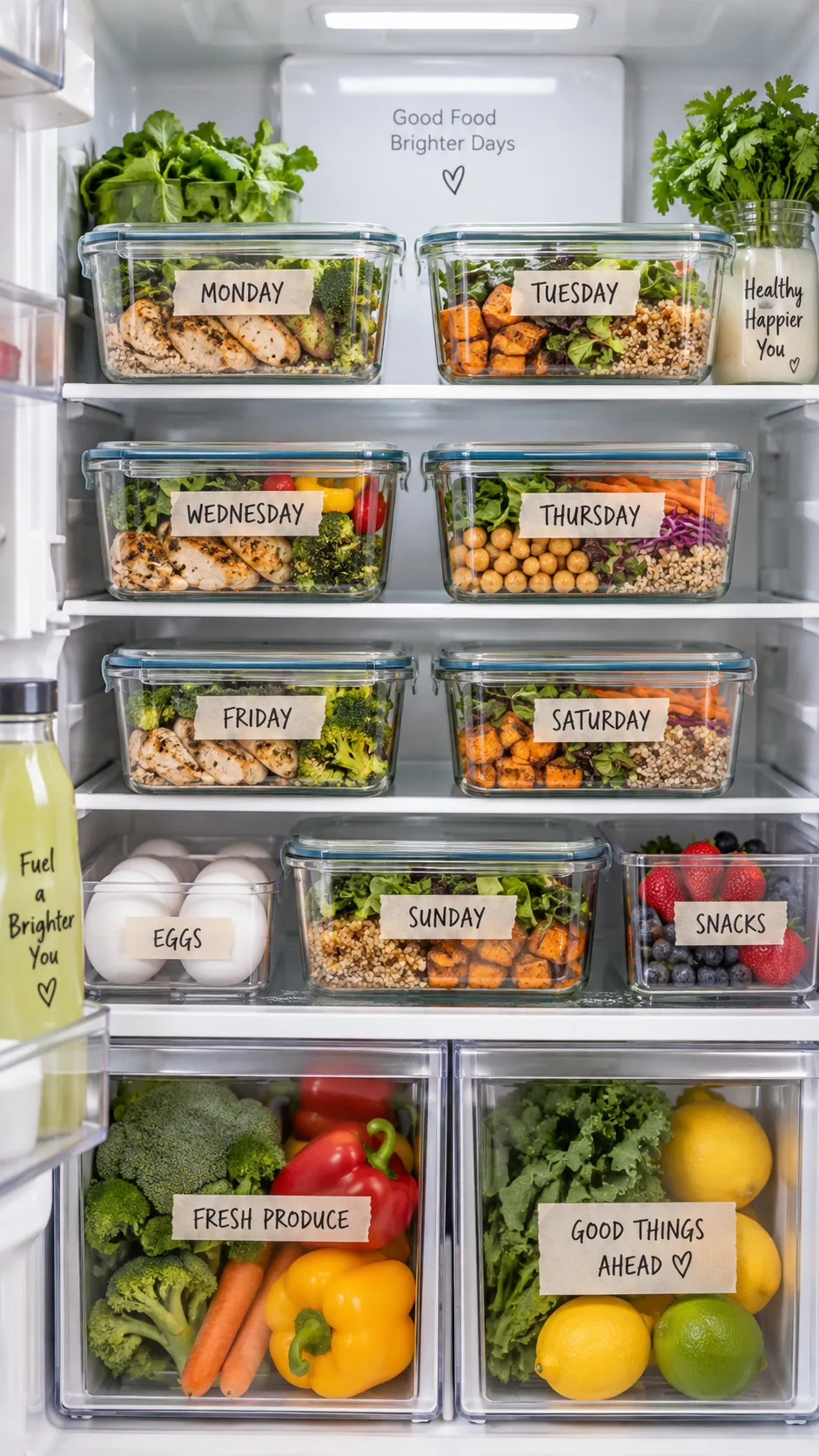 Organized refrigerator interior with labeled glass meal prep containers stacked neatly on shelves, masking tape labels showing days of the week, clean and bright