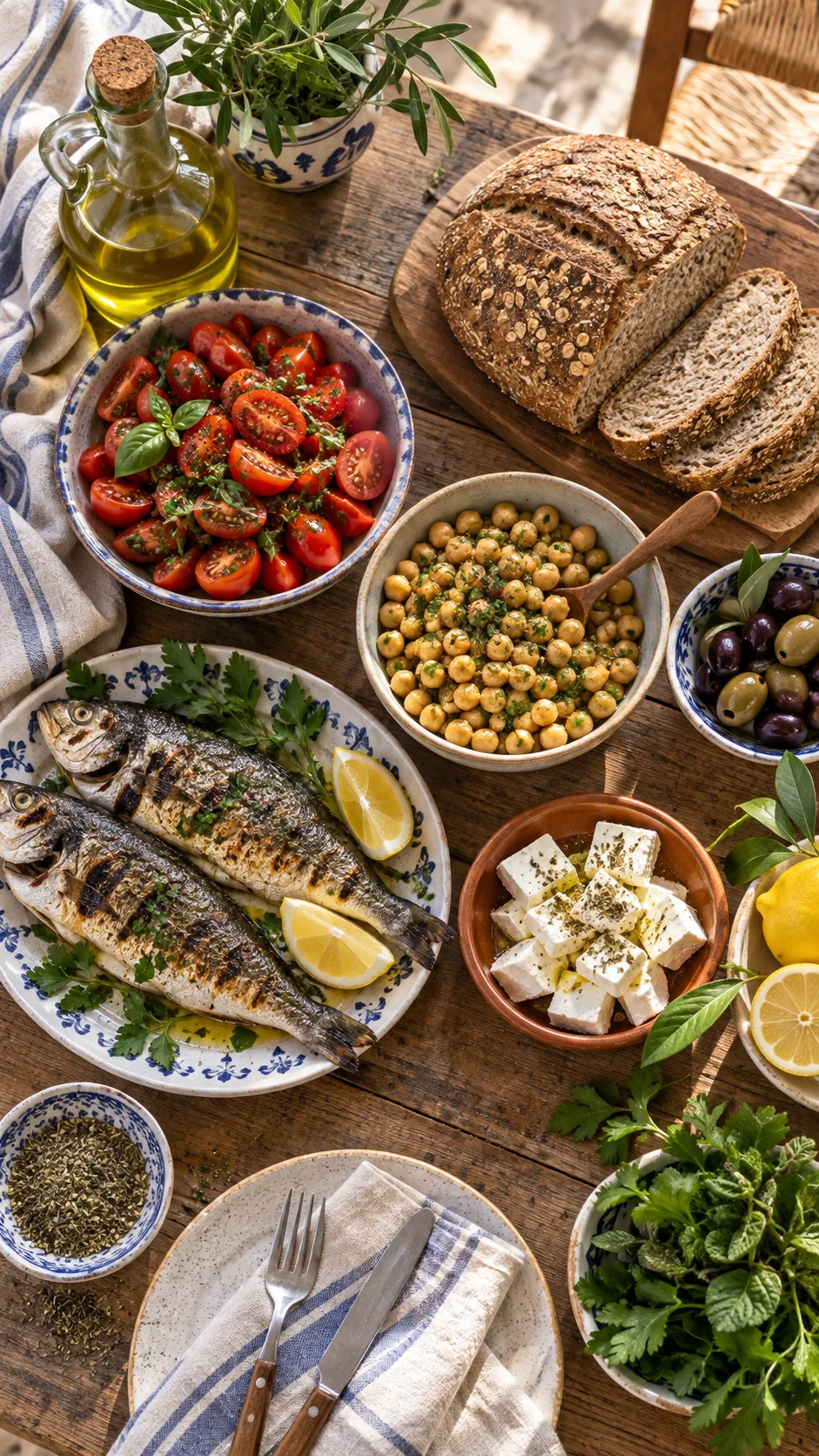 Mediterranean Diet for Beginners: The Simple Rules That Actually Make It Stick 1 Overhead shot of a rustic wooden table filled with Mediterranean foods: olive oil in a glass bottle, whole grain bread, tomatoes, chickpeas, grilled fish, olives, feta, lemons, fresh herbs, natural window light, warm tones