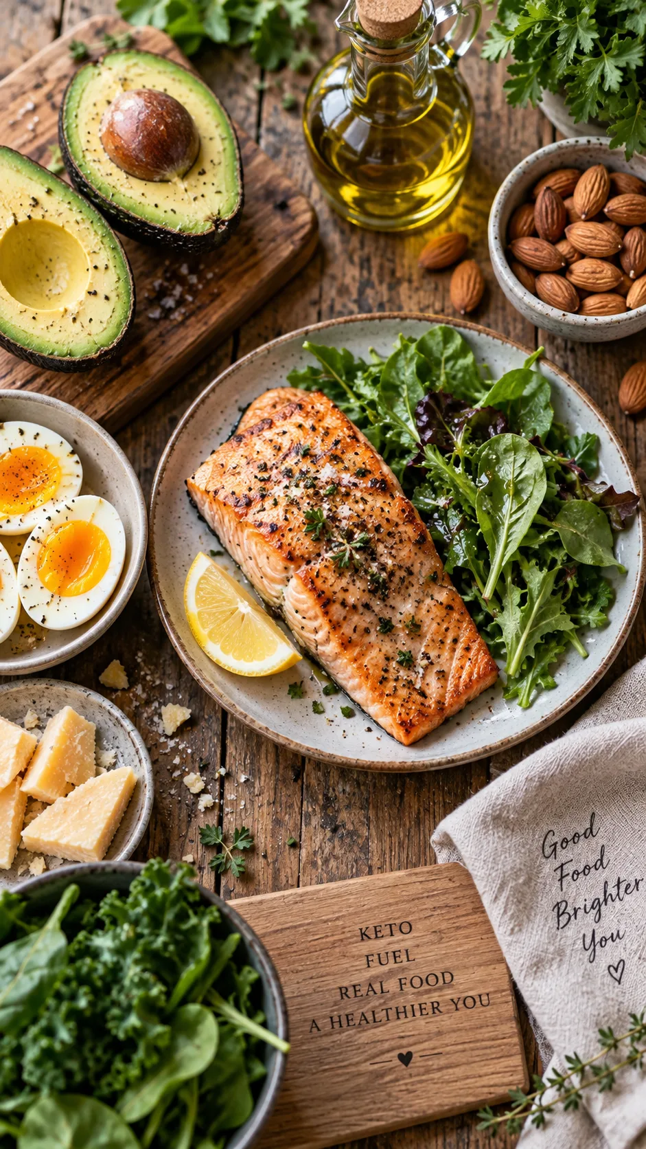 How to Start a Keto Diet for Beginners (Without Feeling Lost or Hungry) 1 Overhead flat lay of a keto-friendly meal spread on a rustic wooden table: grilled salmon, avocado halves, eggs, leafy greens, olive oil, cheese, and almonds, warm natural daylight, shallow depth of field, food photography
