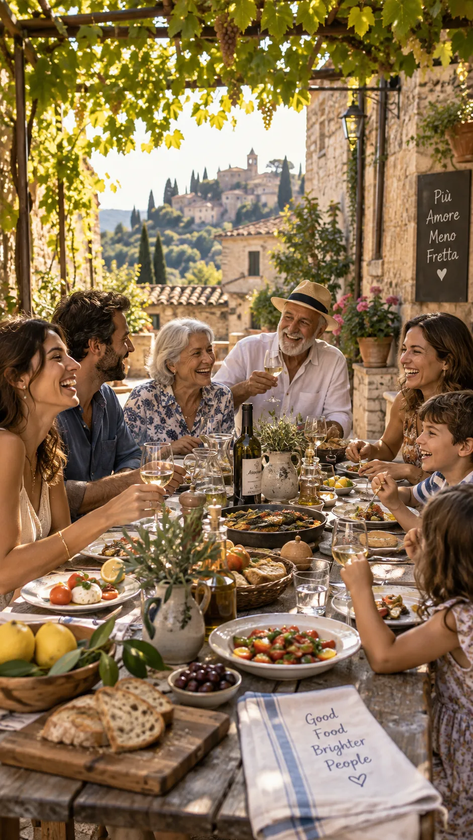 Mediterranean Diet for Beginners: The Simple Rules That Actually Make It Stick 2 A cheerful multigenerational family sharing a long outdoor lunch under a vine canopy in a Mediterranean village, plates of food, laughter, golden afternoon light, documentary photography style