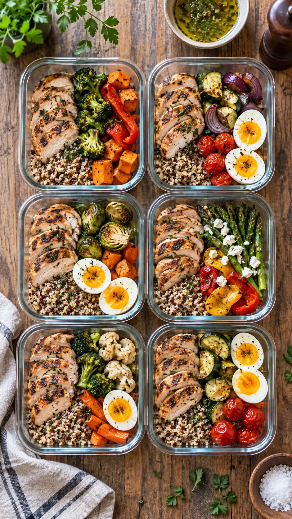 High Protein Meal Prep Recipes That Actually Keep You Full All Week 1 Overhead flat lay of six glass meal prep containers filled with grilled chicken, quinoa, roasted vegetables and boiled eggs on a rustic wooden table, bright natural window light, food photography