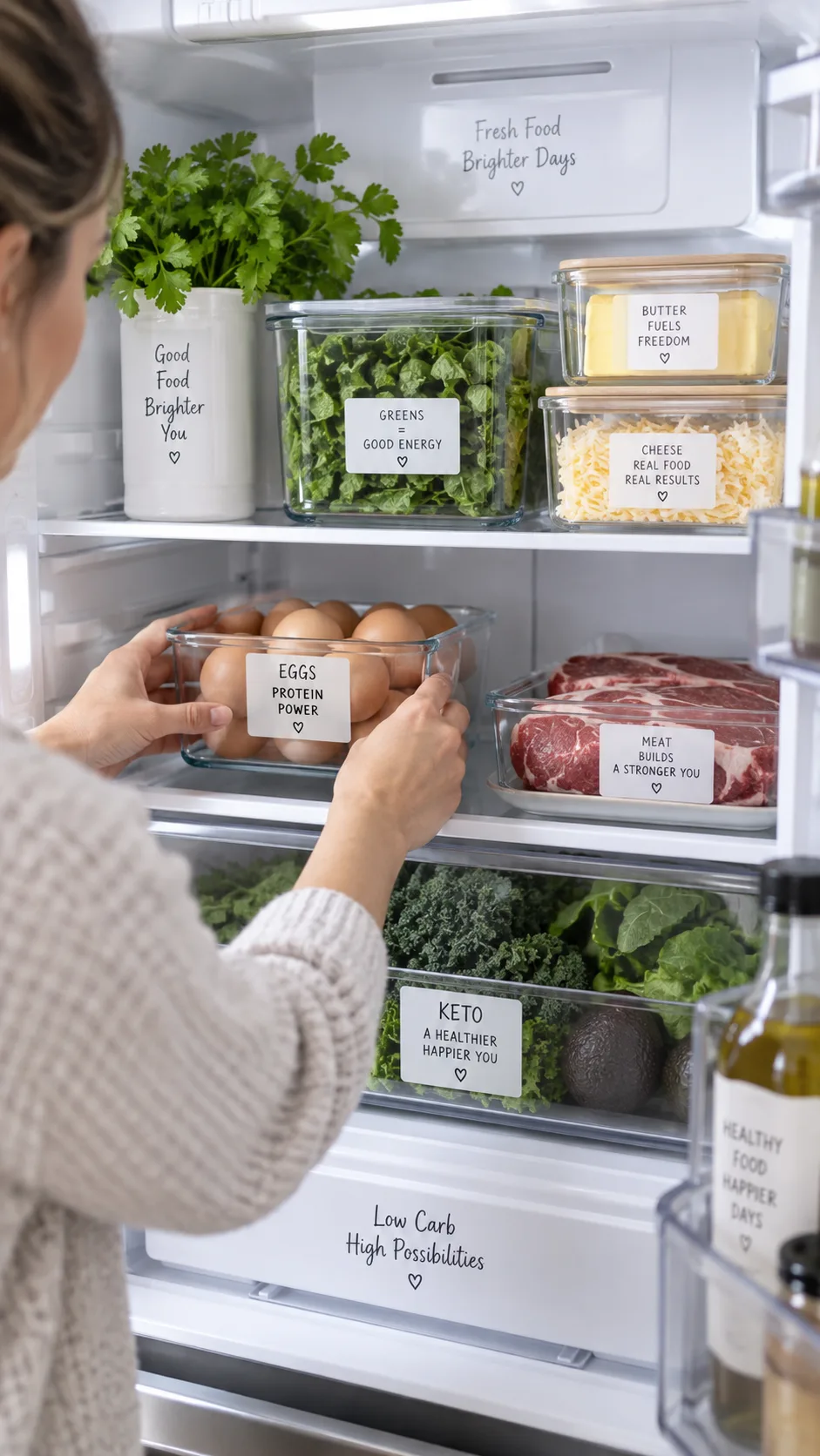 How to Start a Keto Diet for Beginners (Without Feeling Lost or Hungry) 2 A person organizing a refrigerator shelf with keto foods - eggs, butter, cheese, leafy greens, and meat - bright kitchen setting, hands visible, documentary style photography