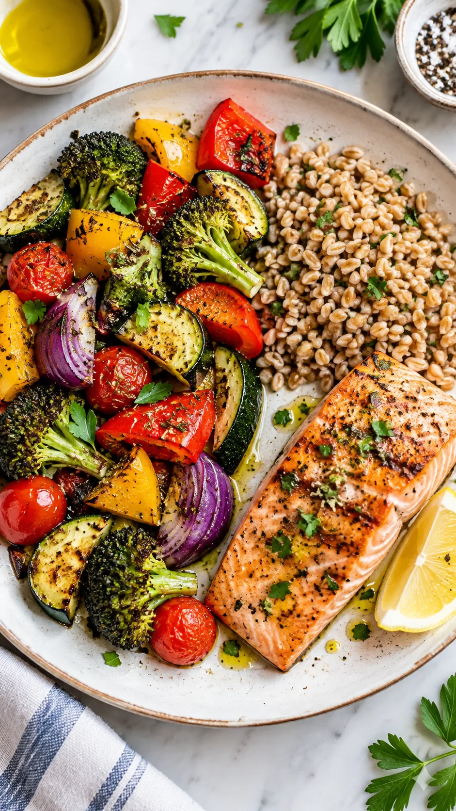 Mediterranean Diet for Beginners: The Simple Rules That Actually Make It Stick 3 Close-up of a healthy dinner plate showing the Mediterranean plate method: half roasted vegetables, quarter whole grain farro, quarter grilled salmon, olive oil drizzle, lemon wedge, overhead angle, bright natural lighting