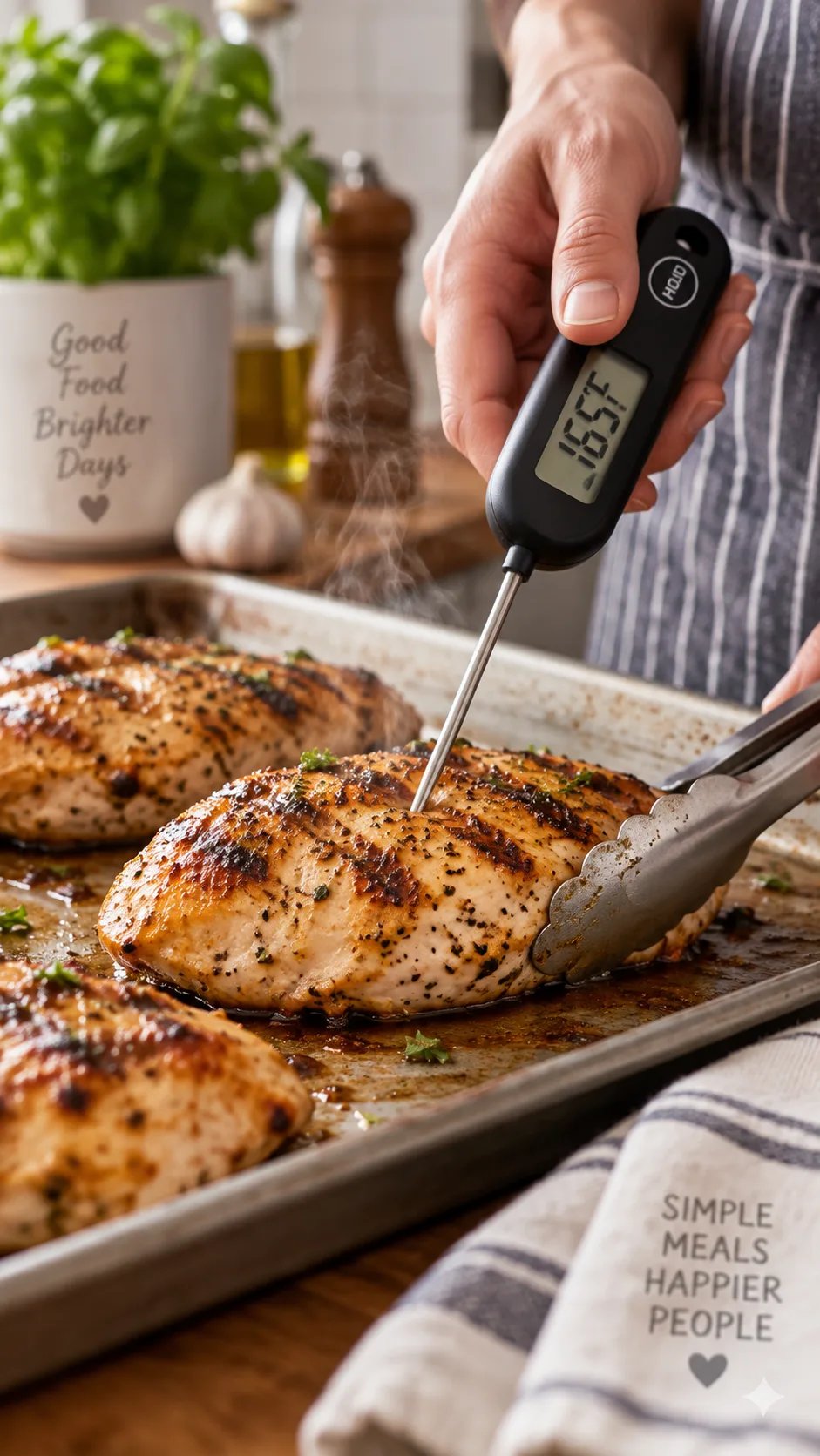 High Protein Meal Prep Recipes That Actually Keep You Full All Week 2 Close-up of hands using a food thermometer to check the internal temperature of grilled chicken breasts on a sheet pan, steam rising, kitchen setting, shallow depth of field