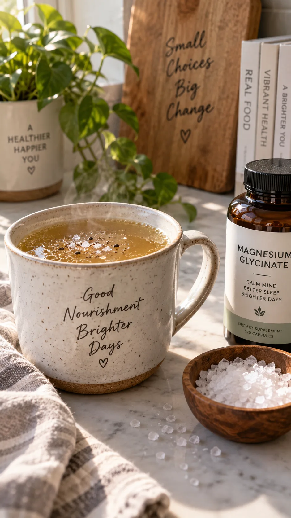 How to Start a Keto Diet for Beginners (Without Feeling Lost or Hungry) 3 Close-up of a warm mug of bone broth with sea salt crystals and a magnesium supplement bottle on a kitchen counter, cozy morning light, lifestyle photography