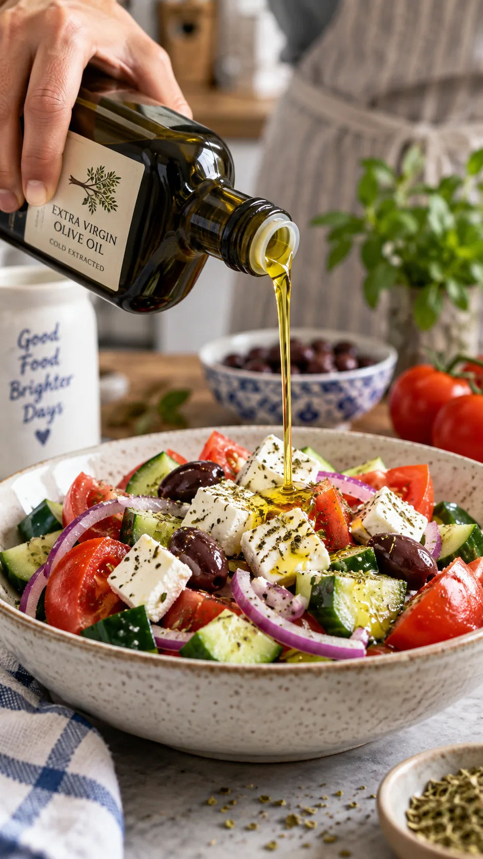 Mediterranean Diet for Beginners: The Simple Rules That Actually Make It Stick 4 A hand pouring golden extra virgin olive oil from a dark glass bottle onto a fresh Greek salad with tomatoes, cucumber, red onion, olives and feta, close-up, shallow depth of field, kitchen setting