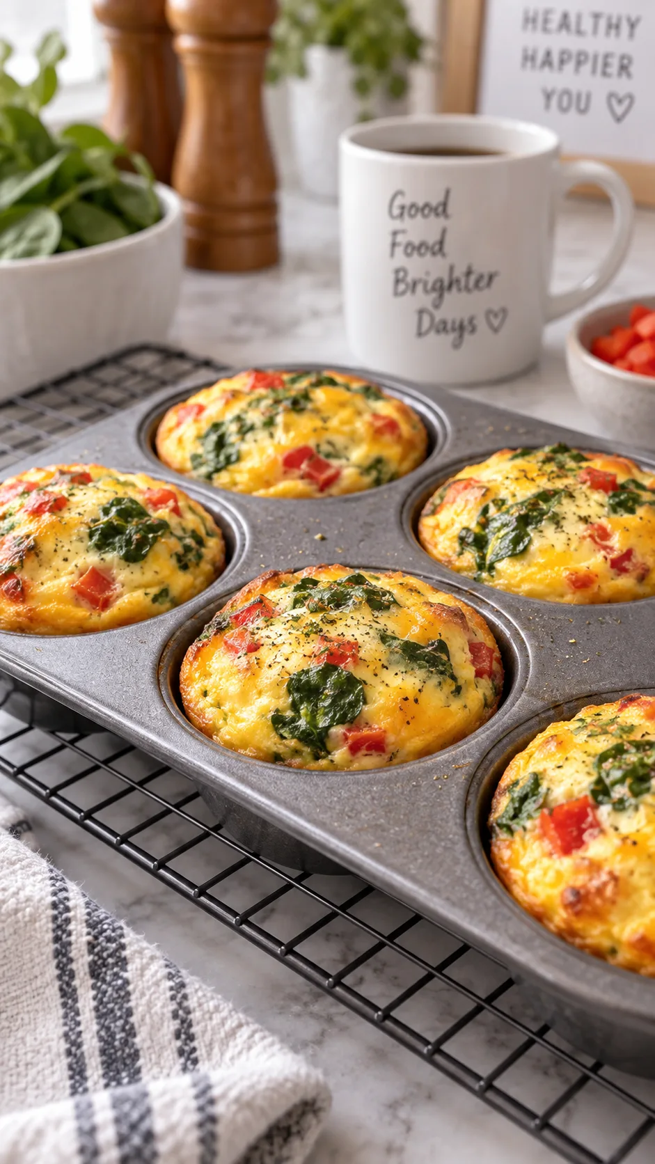 High Protein Meal Prep Recipes That Actually Keep You Full All Week 3 Golden baked egg bites in a muffin tin cooling on a wire rack, flecked with spinach and red pepper, soft morning kitchen light, appetizing close-up