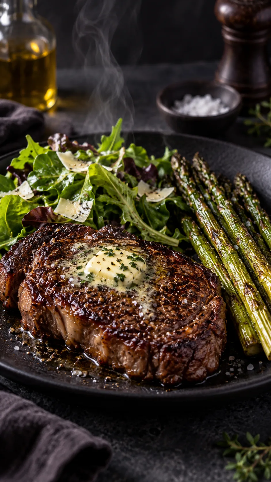 How to Start a Keto Diet for Beginners (Without Feeling Lost or Hungry) 4 A simple weeknight keto dinner plate: seared steak with butter, green salad with olive oil, and roasted asparagus, dark moody food photography, steam rising