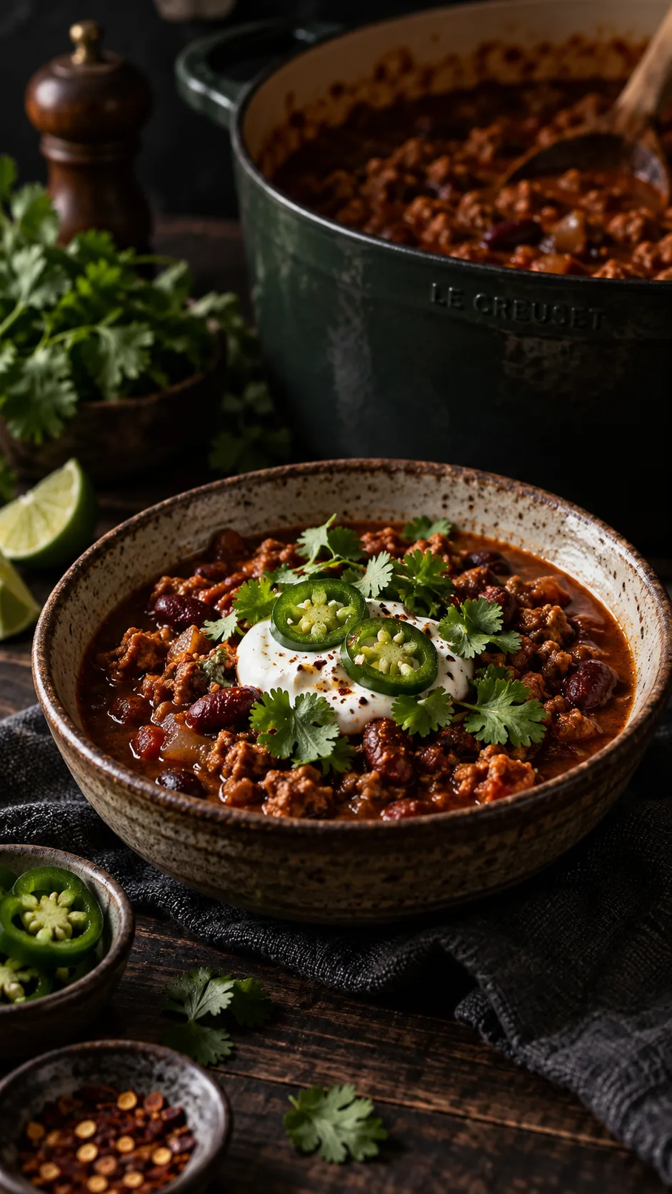 High Protein Meal Prep Recipes That Actually Keep You Full All Week 4 Rustic bowl of hearty turkey chili topped with Greek yogurt, sliced jalapeno and fresh cilantro, dark moody food photography with a large pot in the background