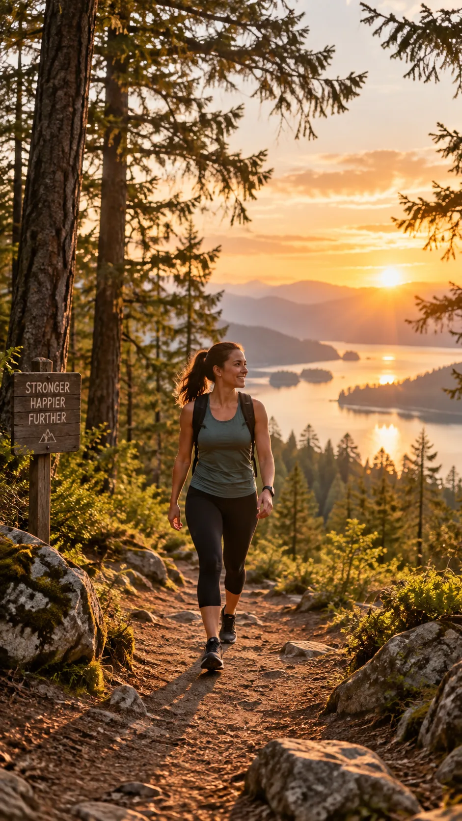 How to Start a Keto Diet for Beginners (Without Feeling Lost or Hungry) 5 Person walking briskly on a forest trail at golden hour, wearing athletic clothing, natural outdoor fitness photography, wide shot