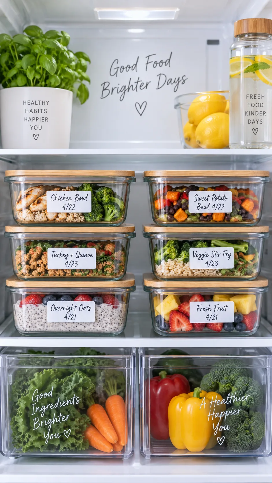 High Protein Meal Prep Recipes That Actually Keep You Full All Week 5 Organized refrigerator shelf with labeled glass meal prep containers stacked neatly, handwritten date labels, clean modern kitchen, bright lighting