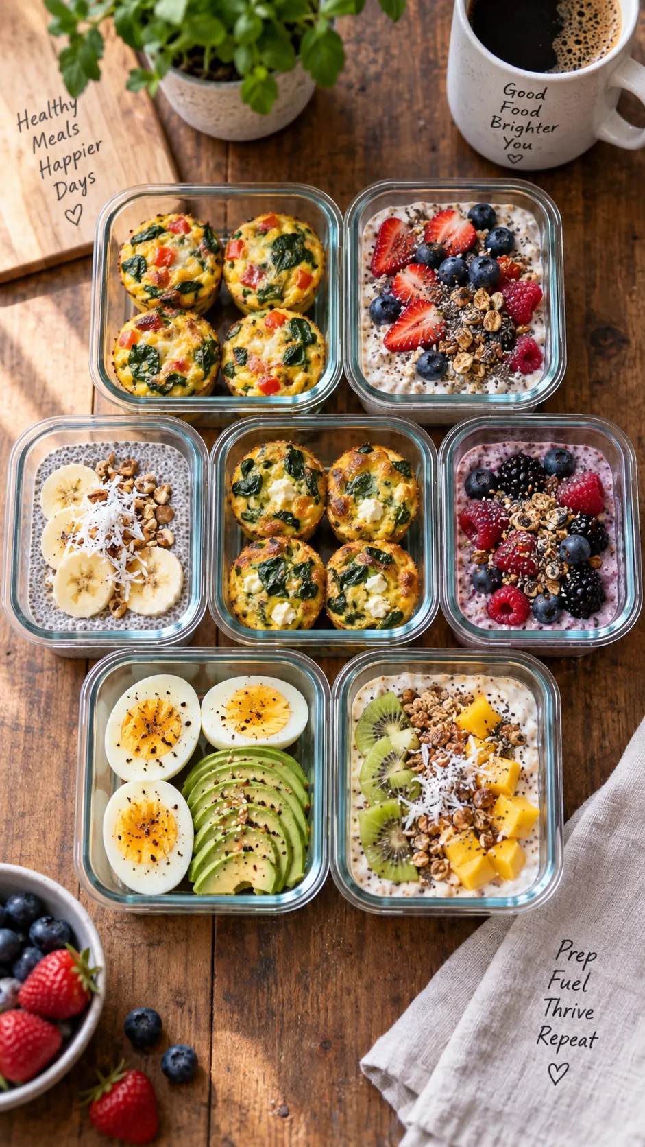 Overhead flat-lay of seven glass meal prep containers filled with colourful breakfasts — egg muffins, overnight oats with berries, chia pudding, boiled eggs and avocado — arranged on a warm wooden kitchen table, soft natural morning light, shallow depth of field, food photography