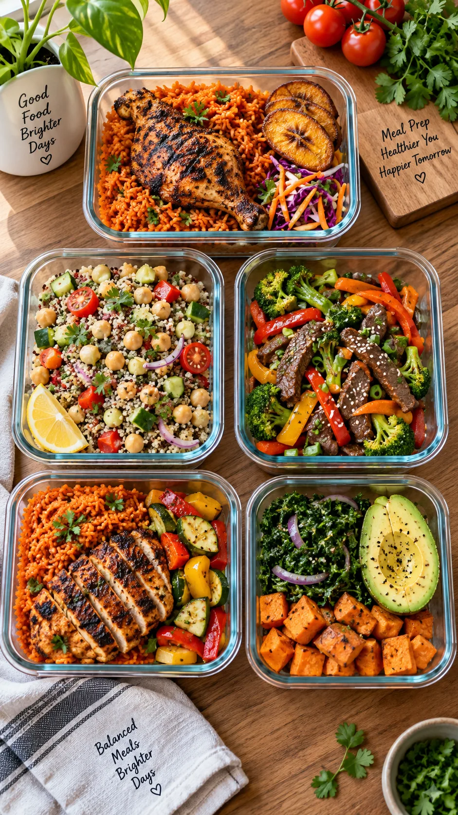 Lunch Meal Prep for the Week That Actually Keeps You Full (and Excited to Eat) 1 Overhead flat lay of five glass meal prep containers on a wooden kitchen counter, each filled with colorful balanced lunches — jollof rice with grilled chicken, quinoa salad with chickpeas, stir-fried vegetables with beef strips — natural window light, vibrant food photography