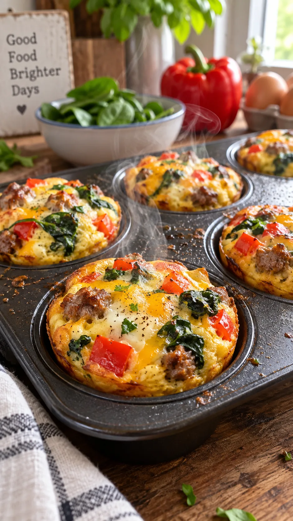 Close-up of golden baked egg muffin cups in a black muffin tin, studded with red peppers, spinach and sausage, steam rising, rustic kitchen counter background, bright natural light