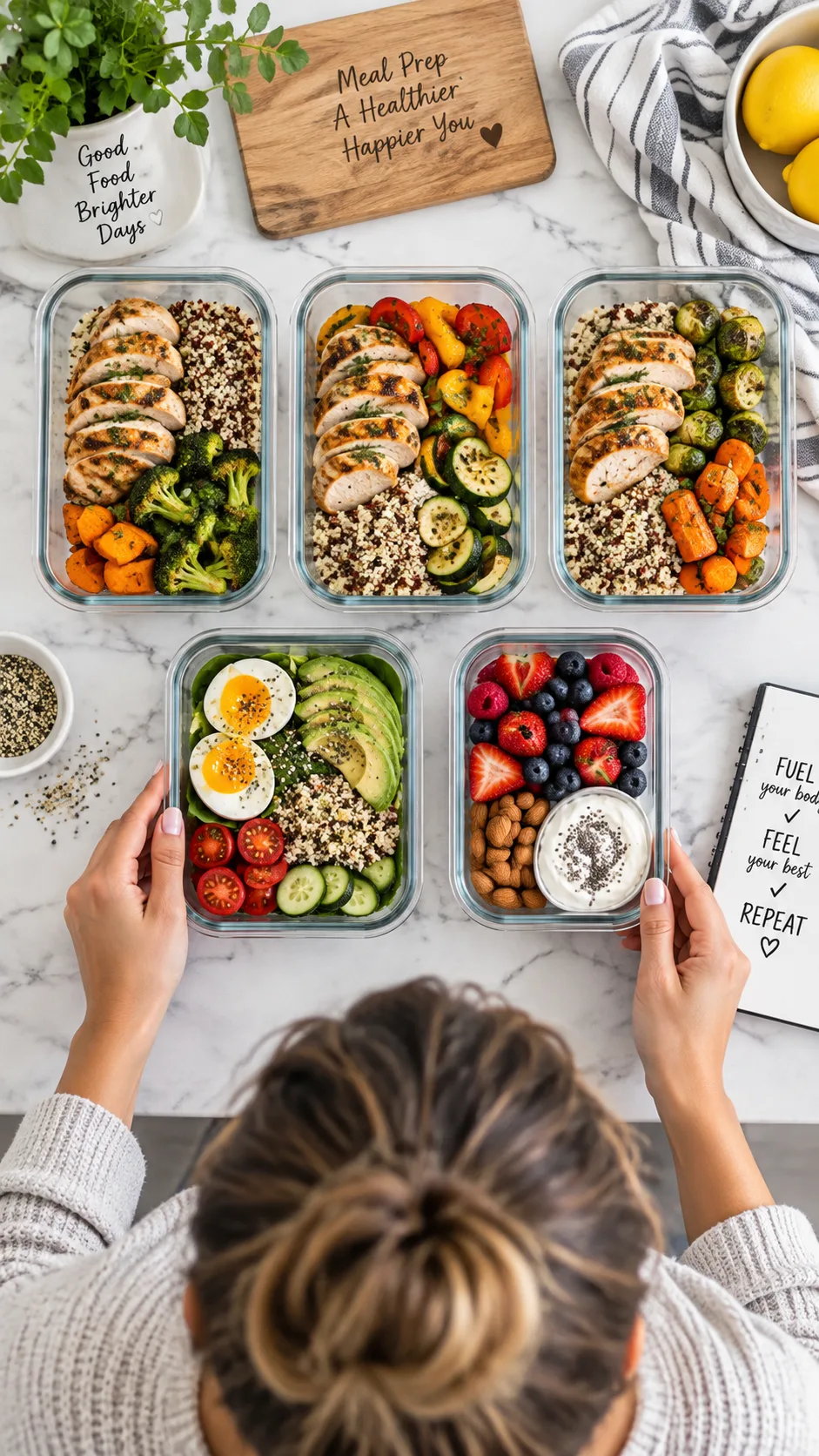 Overhead photo of a bright kitchen counter with five glass meal prep containers filled with colorful balanced meals: grilled chicken, roasted vegetables, quinoa, boiled eggs, and fresh berries, a woman