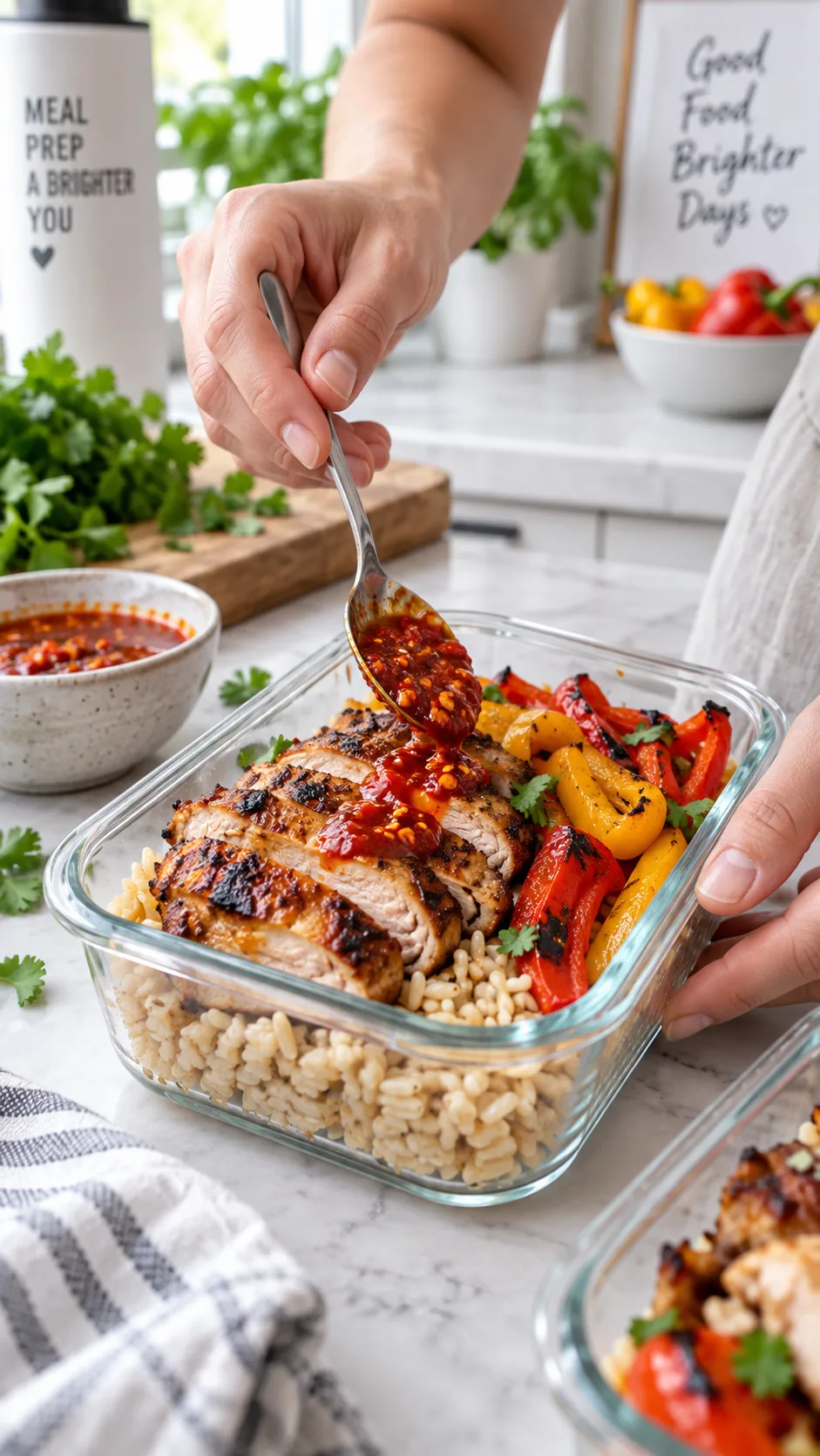Lunch Meal Prep for the Week That Actually Keeps You Full (and Excited to Eat) 2 Close-up of hands assembling a meal prep container, layering brown rice, grilled chicken thighs, roasted bell peppers and a spoon of vibrant red chili sauce, bright kitchen background, shallow depth of field