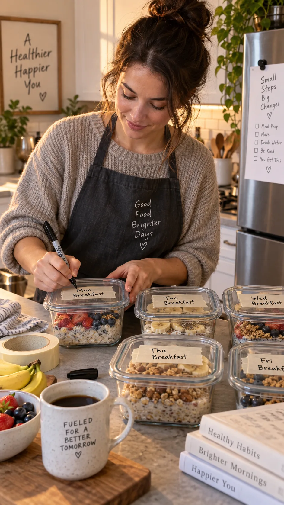 Person in a home kitchen labelling glass meal prep containers with masking tape and a marker, containers of prepped breakfast food lined up on the counter, warm domestic lighting, candid documentary style