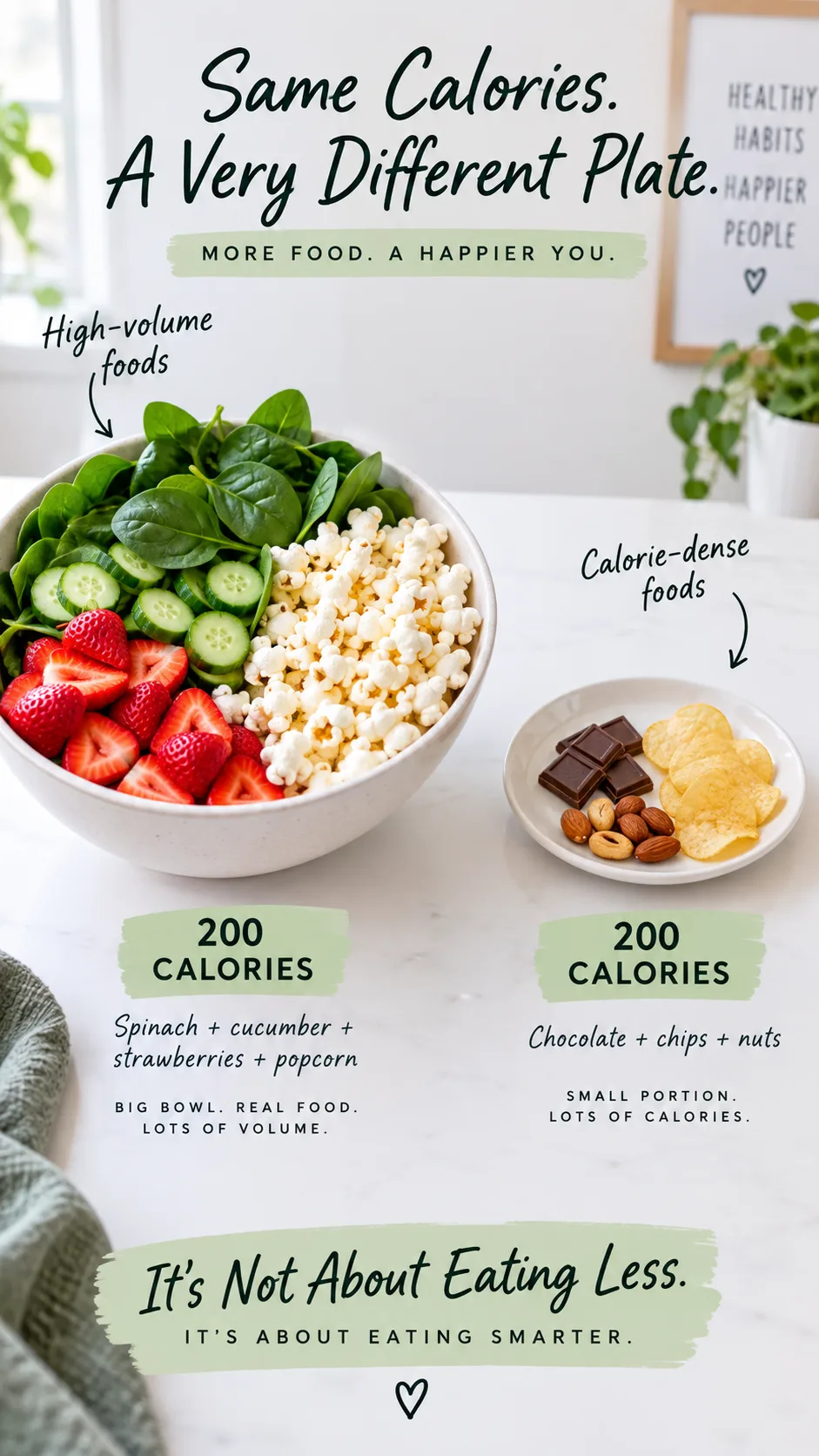 Side-by-side comparison photo on a white table: a large bowl of colorful high-volume foods like spinach, cucumber, strawberries, and popcorn on the left versus a tiny pile of calorie-dense snacks like chocolate and chips on the right, both labeled 200 calories