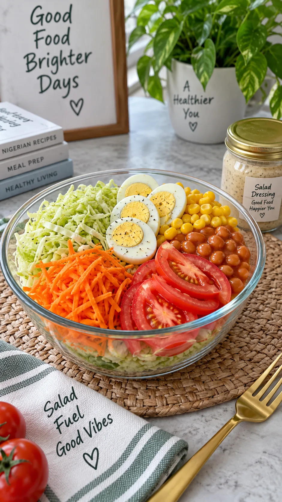 Lunch Meal Prep for the Week That Actually Keeps You Full (and Excited to Eat) 3 A vibrant Nigerian-style salad in a clear meal prep bowl with shredded cabbage, carrots, boiled eggs, sweetcorn, baked beans and sliced tomatoes, small dressing jar beside it, natural daylight