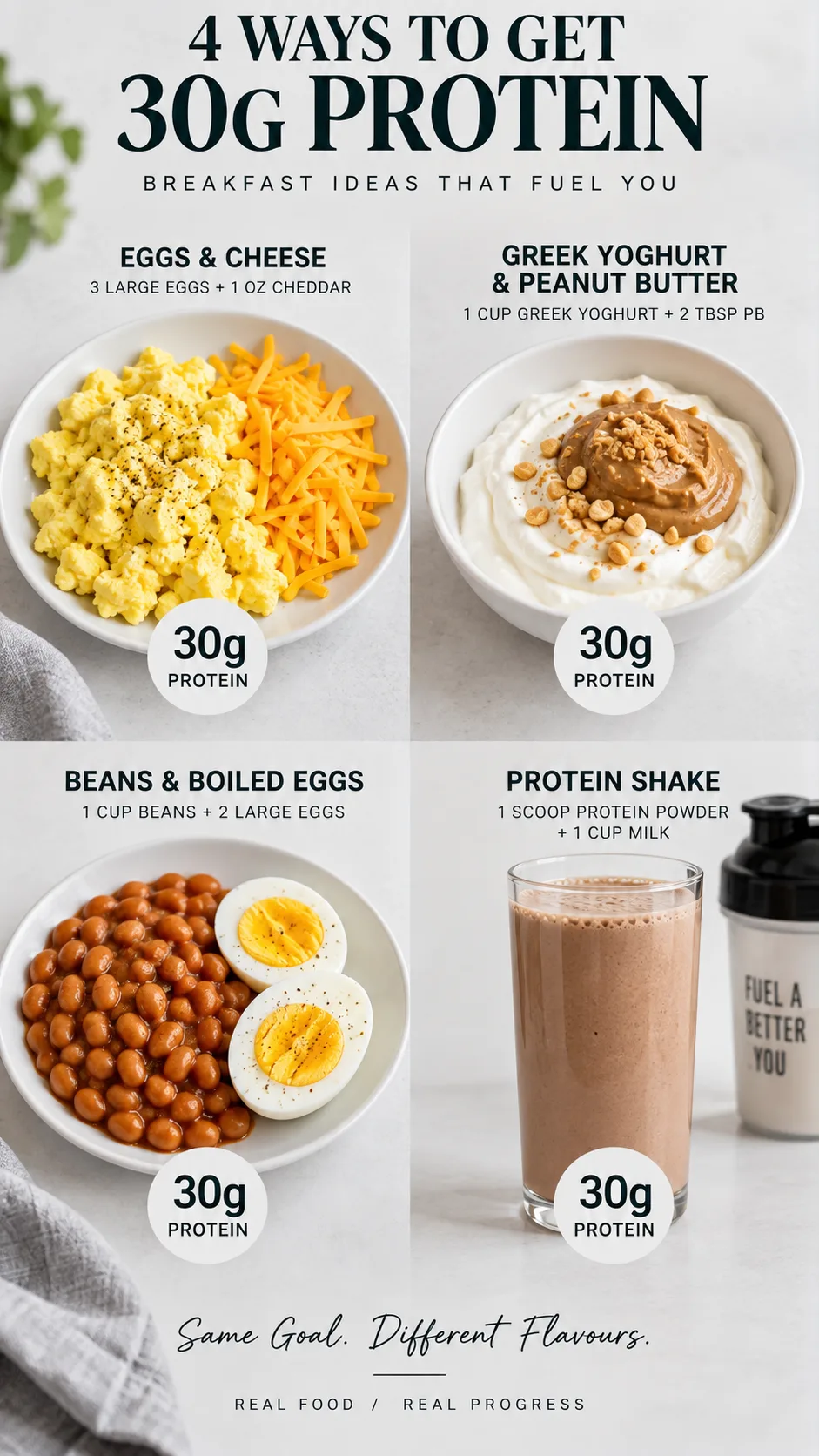Side-by-side comparison photograph showing four small white plates each holding a 30-gram protein breakfast portion — eggs and cheese, Greek yoghurt with peanut butter, beans with boiled eggs, and a protein shake — clean minimal background, studio lighting