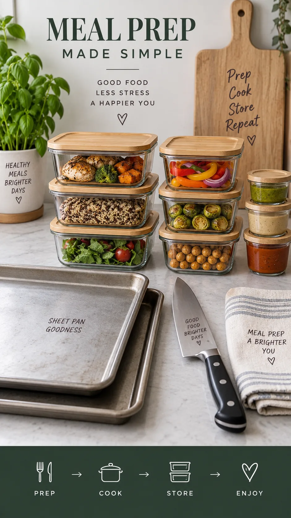 Lunch Meal Prep for the Week That Actually Keeps You Full (and Excited to Eat) 4 Neatly arranged meal prep gear on a countertop: glass containers with bamboo lids, small sauce cups, two sheet pans, a chef