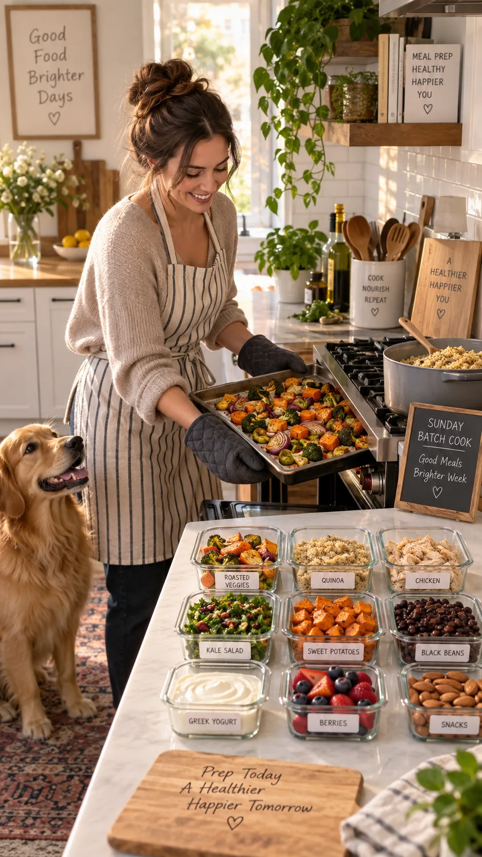 Woman in a modern kitchen batch-cooking on a Sunday afternoon, sheet pan of roasted vegetables coming out of the oven, a pot of quinoa on the stove, rows of labeled glass containers lined up on the counter, warm natural lighting