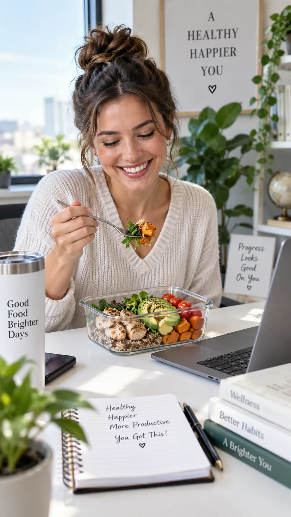 Lunch Meal Prep for the Week That Actually Keeps You Full (and Excited to Eat) 5 A person at a bright office desk enjoying a colorful homemade meal prep lunch from a glass container, laptop nearby, genuine smile, candid lifestyle photography